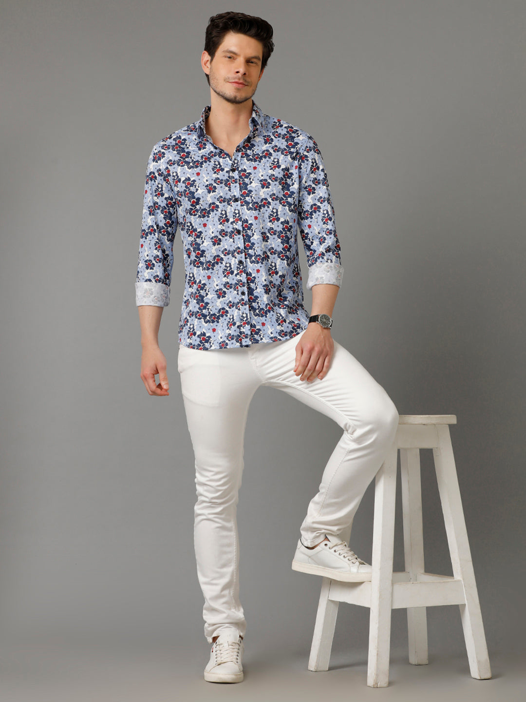 Aldeno Mens Regular Fit Floral Print Blue Casual Knitted Cotton Shirt (CONST)