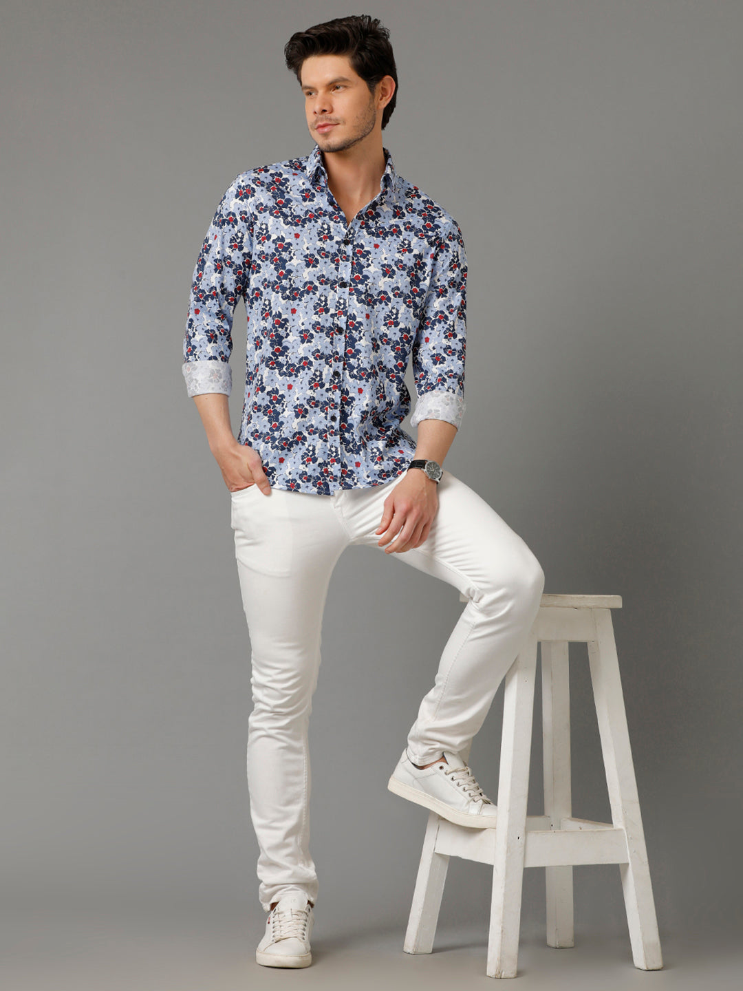Aldeno Mens Regular Fit Floral Print Blue Casual Knitted Cotton Shirt (CONST)