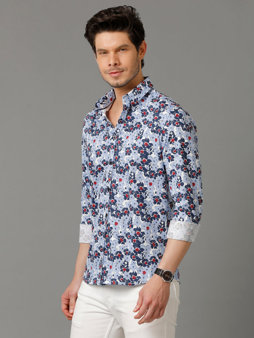 Aldeno Mens Regular Fit Floral Print Blue Casual Knitted Cotton Shirt (CONST)