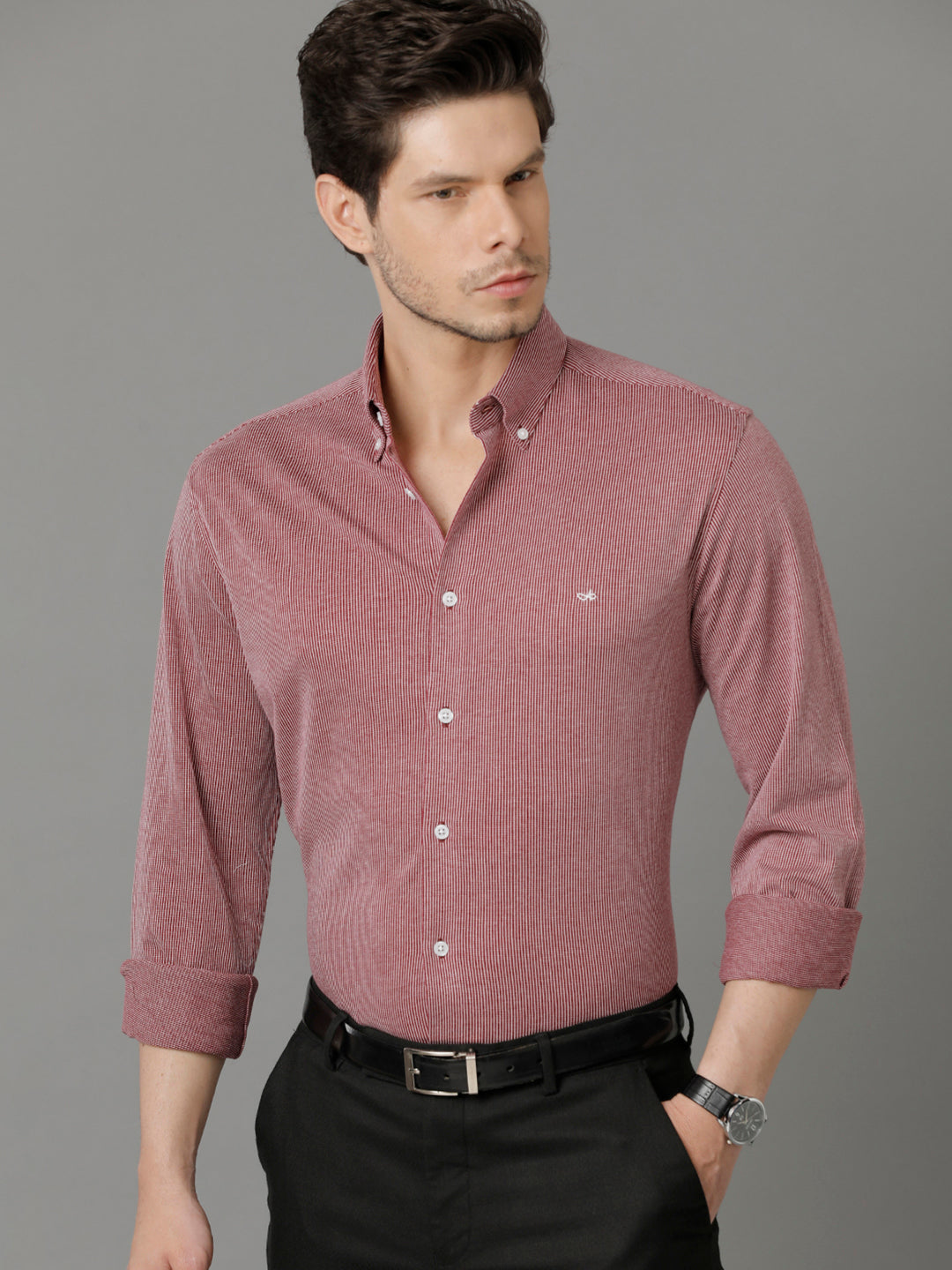 Aldeno Mens Regular Fit Vertical Stripes Maroon Formal Knitted Cotton Shirt (CONVY)