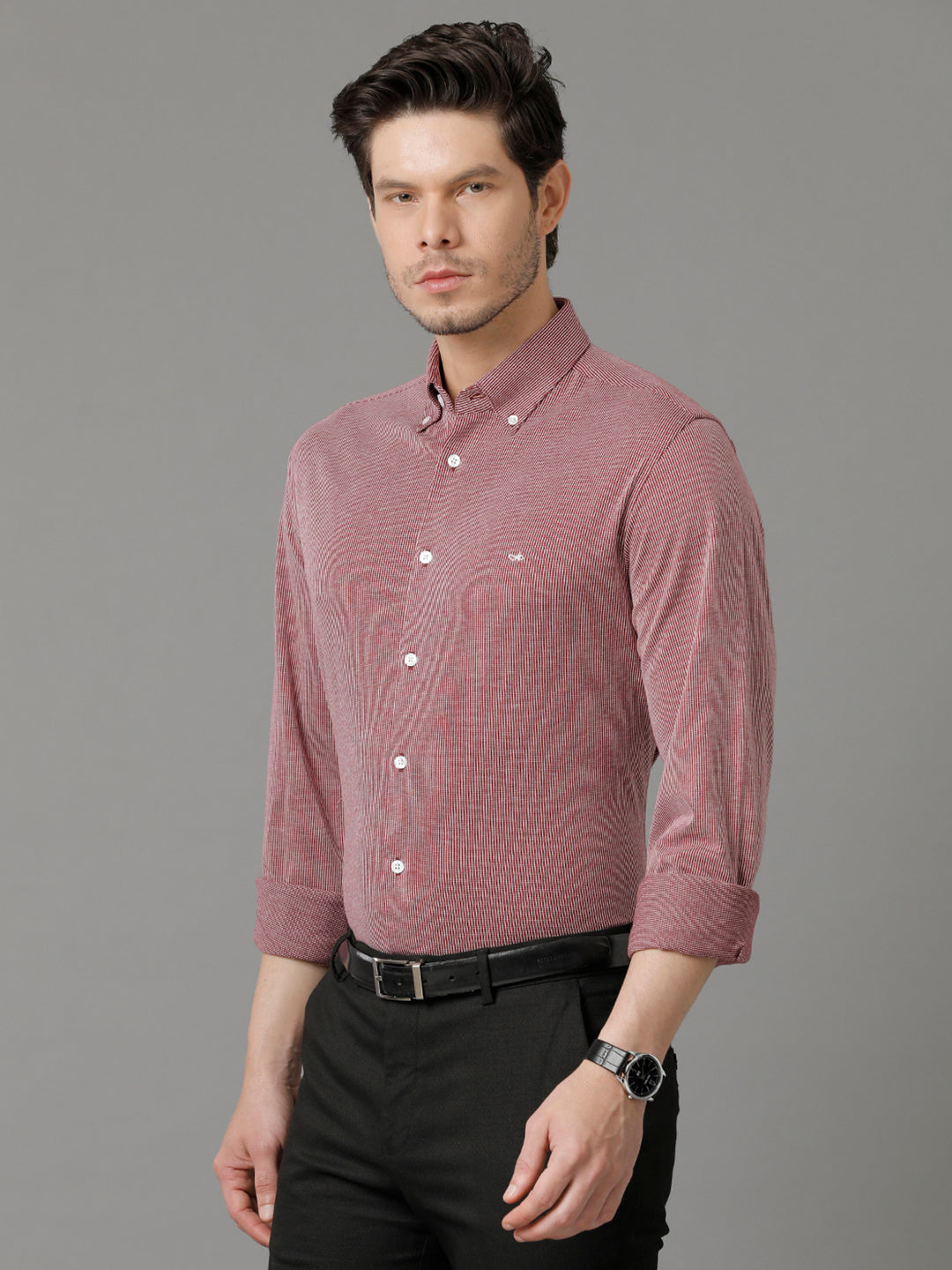 Aldeno Mens Regular Fit Vertical Stripes Maroon Formal Knitted Cotton Shirt (CONVY)