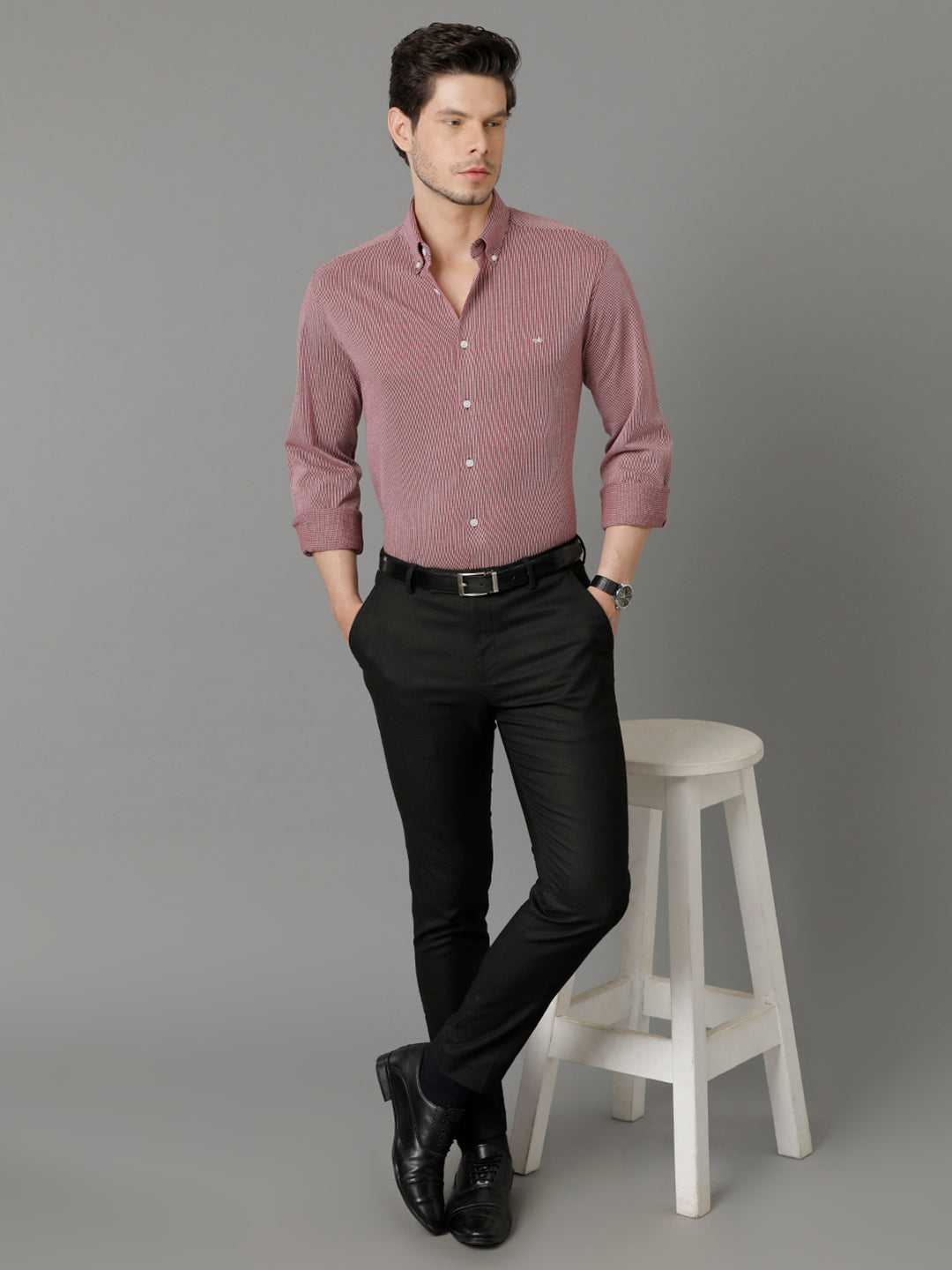 Aldeno Mens Regular Fit Vertical Stripes Maroon Formal Knitted Cotton Shirt (CONVY)