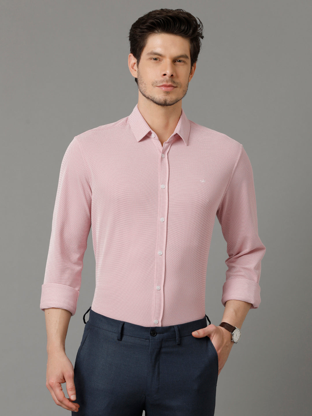 Aldeno Mens Regular Fit Solid Pink Casual Knitted Cotton Shirt (COPER)