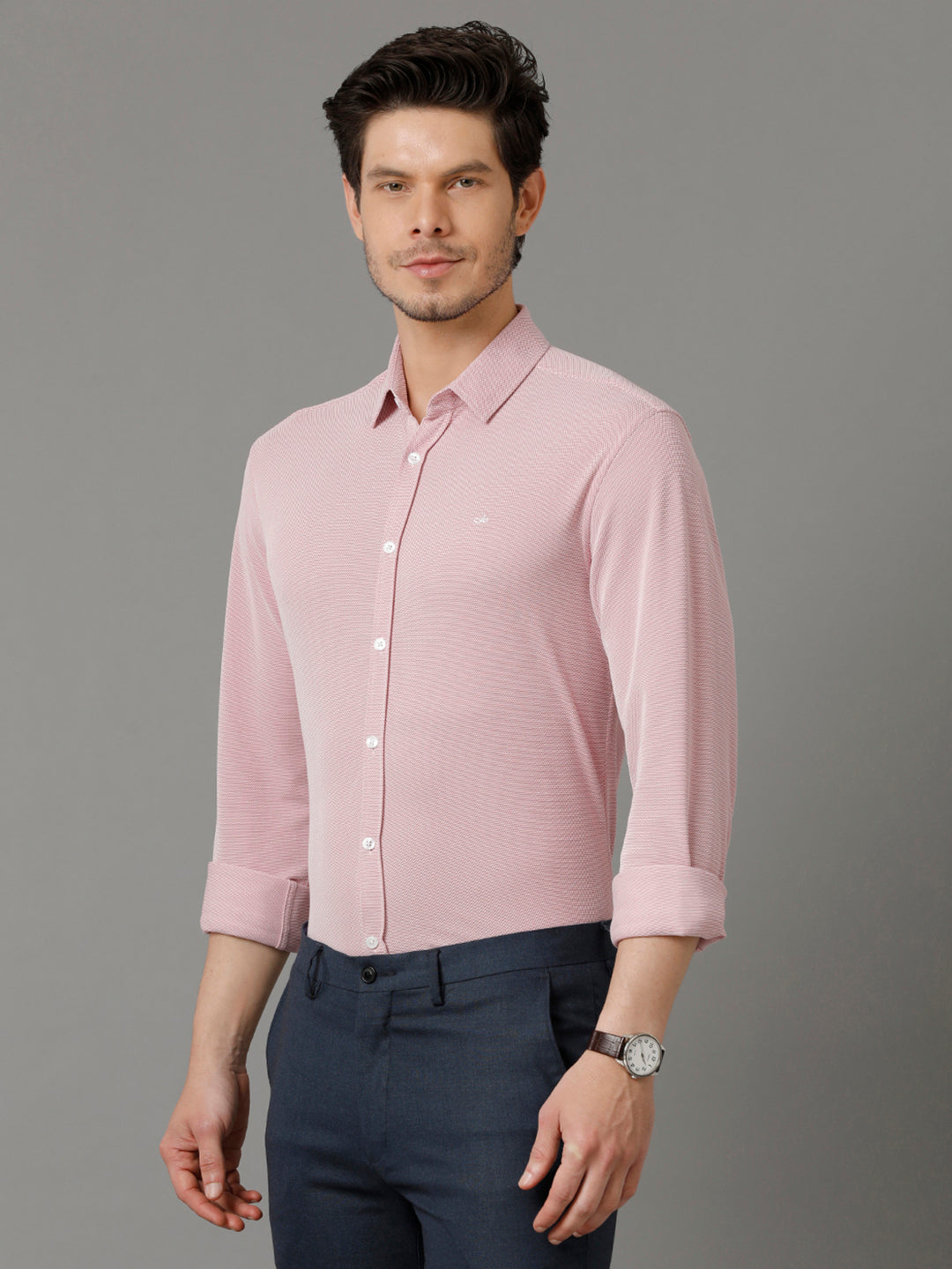Aldeno Mens Regular Fit Solid Pink Casual Knitted Cotton Shirt (COPER)