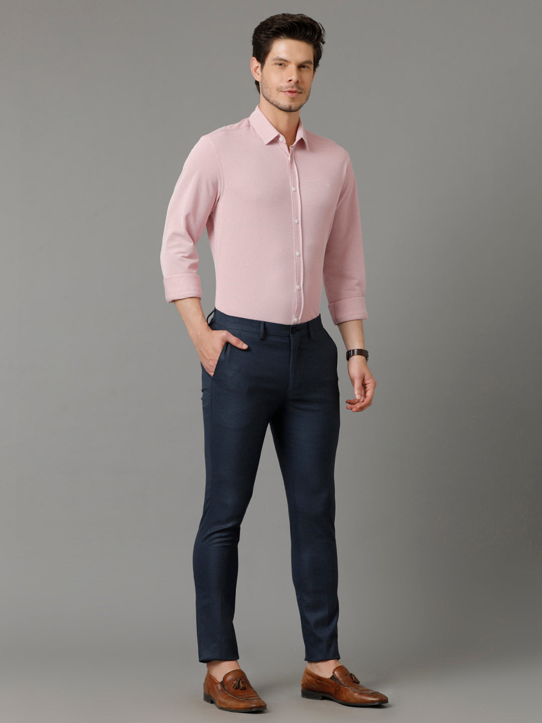 Aldeno Mens Regular Fit Solid Pink Casual Knitted Cotton Shirt (COPER)