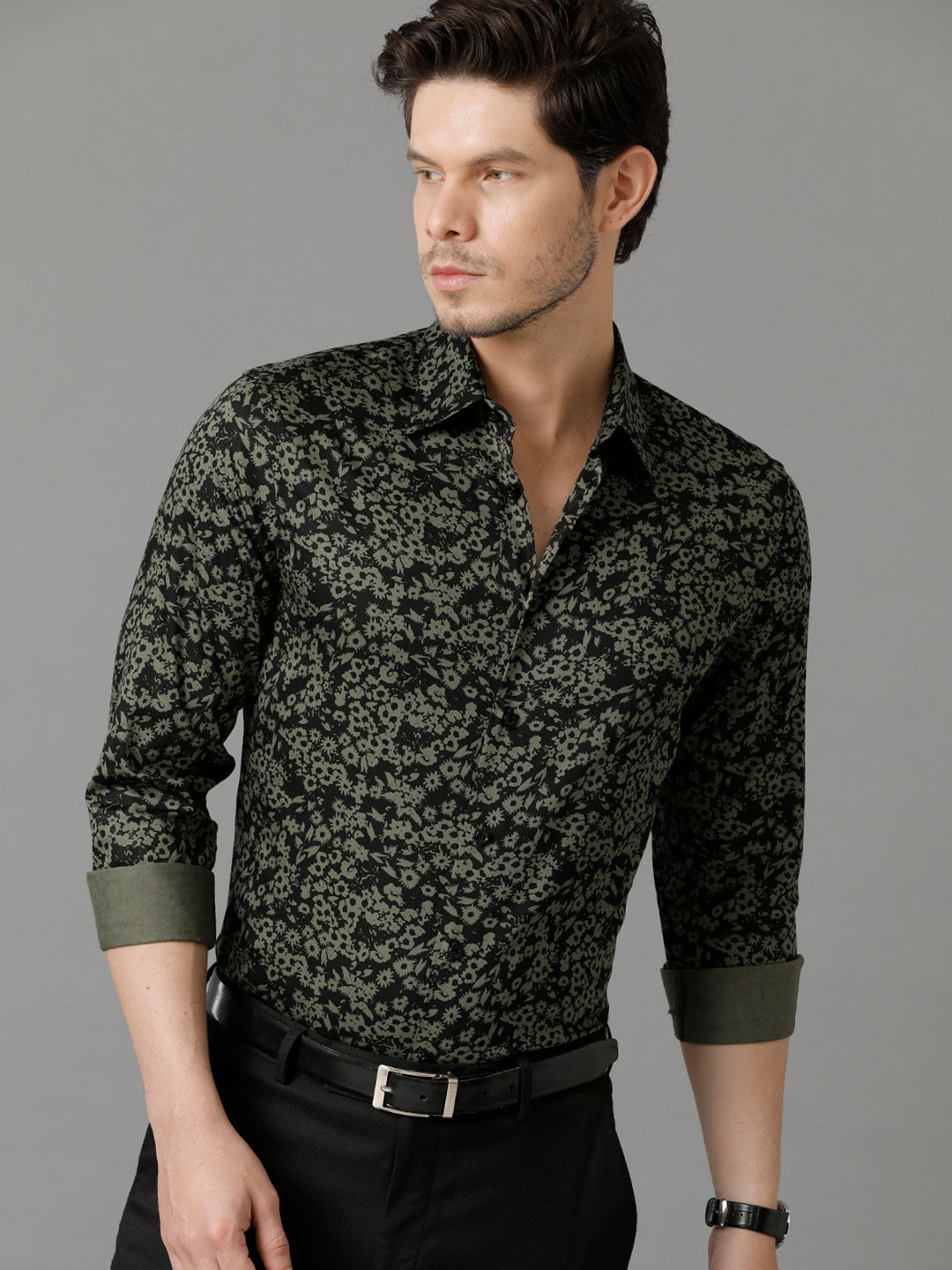 Aldeno Mens Slim Fit Abstract Print Black Casual Shirt (COSMO)