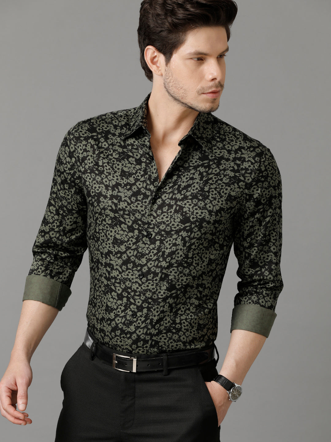 Aldeno Mens Slim Fit Abstract Print Black Casual Shirt (COSMO)