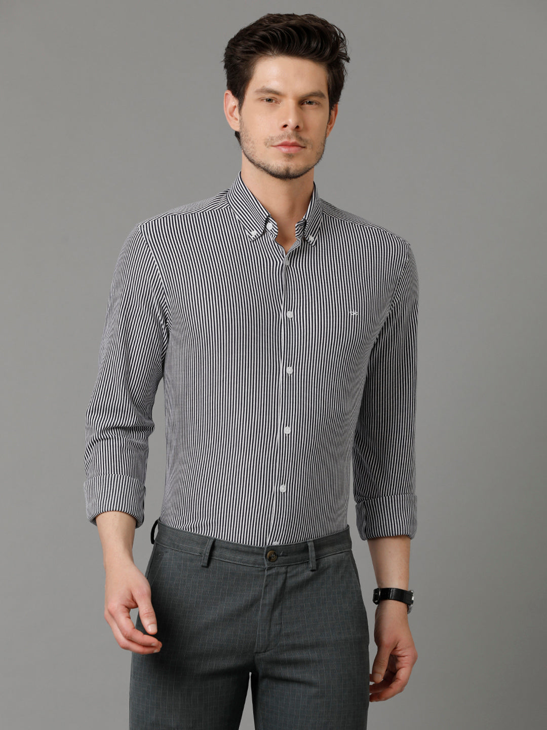 Aldeno Mens Regular Fit Vertical Stripes Navy Blue Formal Knitted Cotton Shirt (COSM)