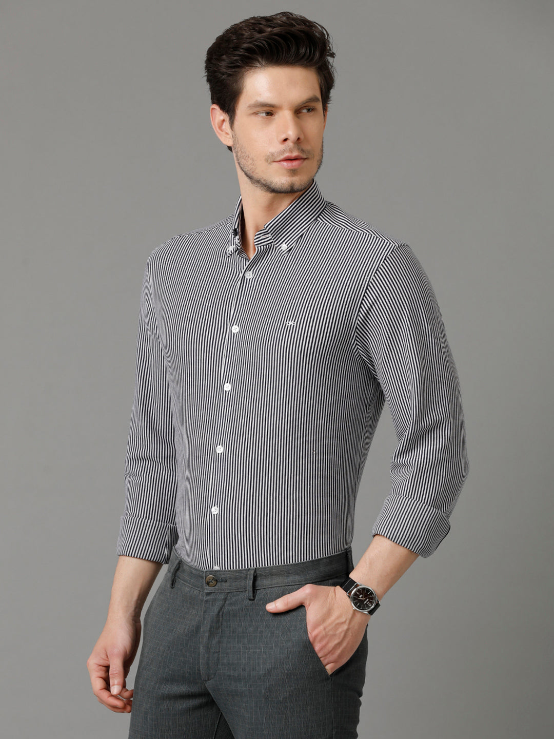 Aldeno Mens Regular Fit Vertical Stripes Navy Blue Formal Knitted Cotton Shirt (COSM)