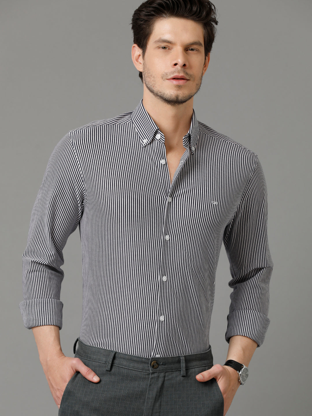 Aldeno Mens Regular Fit Vertical Stripes Navy Blue Formal Knitted Cotton Shirt (COSM)