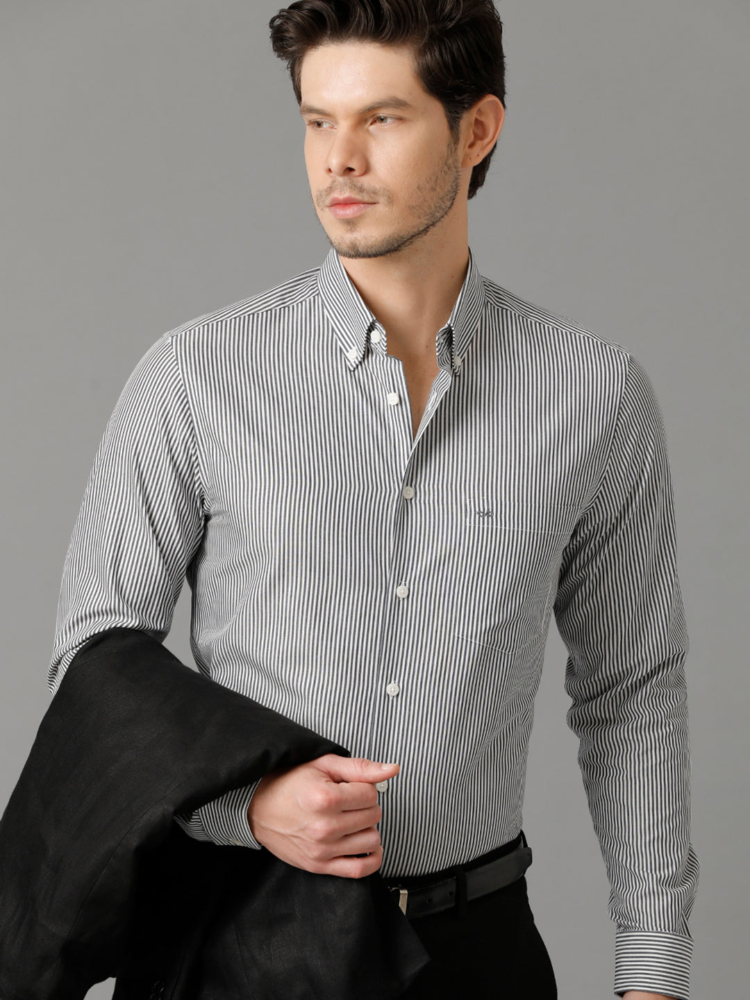 Aldeno Mens Slim Fit Vertical Stripes Black Formal Cotton Shirt (CREED)