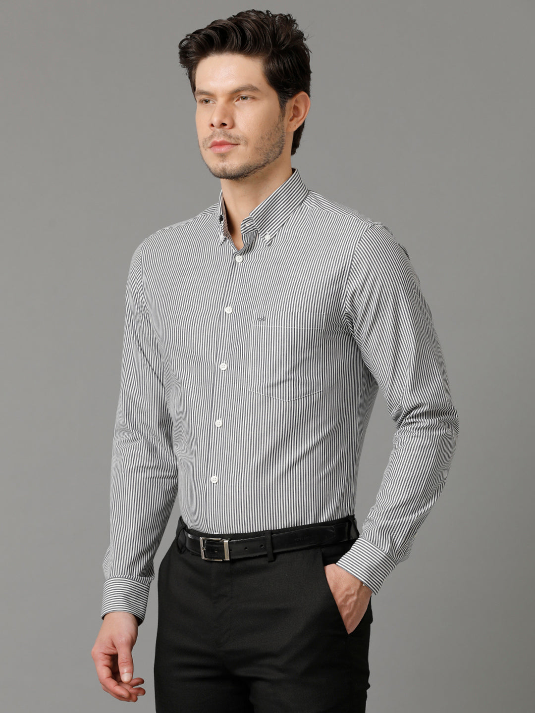 Aldeno Mens Slim Fit Vertical Stripes Black Formal Cotton Shirt (CREED)