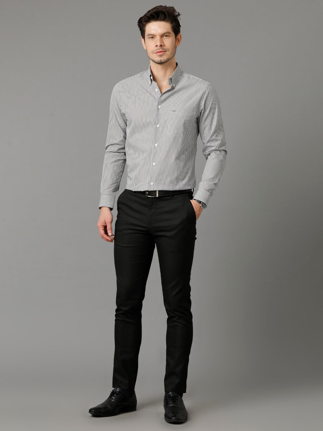 Aldeno Mens Slim Fit Vertical Stripes Black Formal Cotton Shirt (CREED)