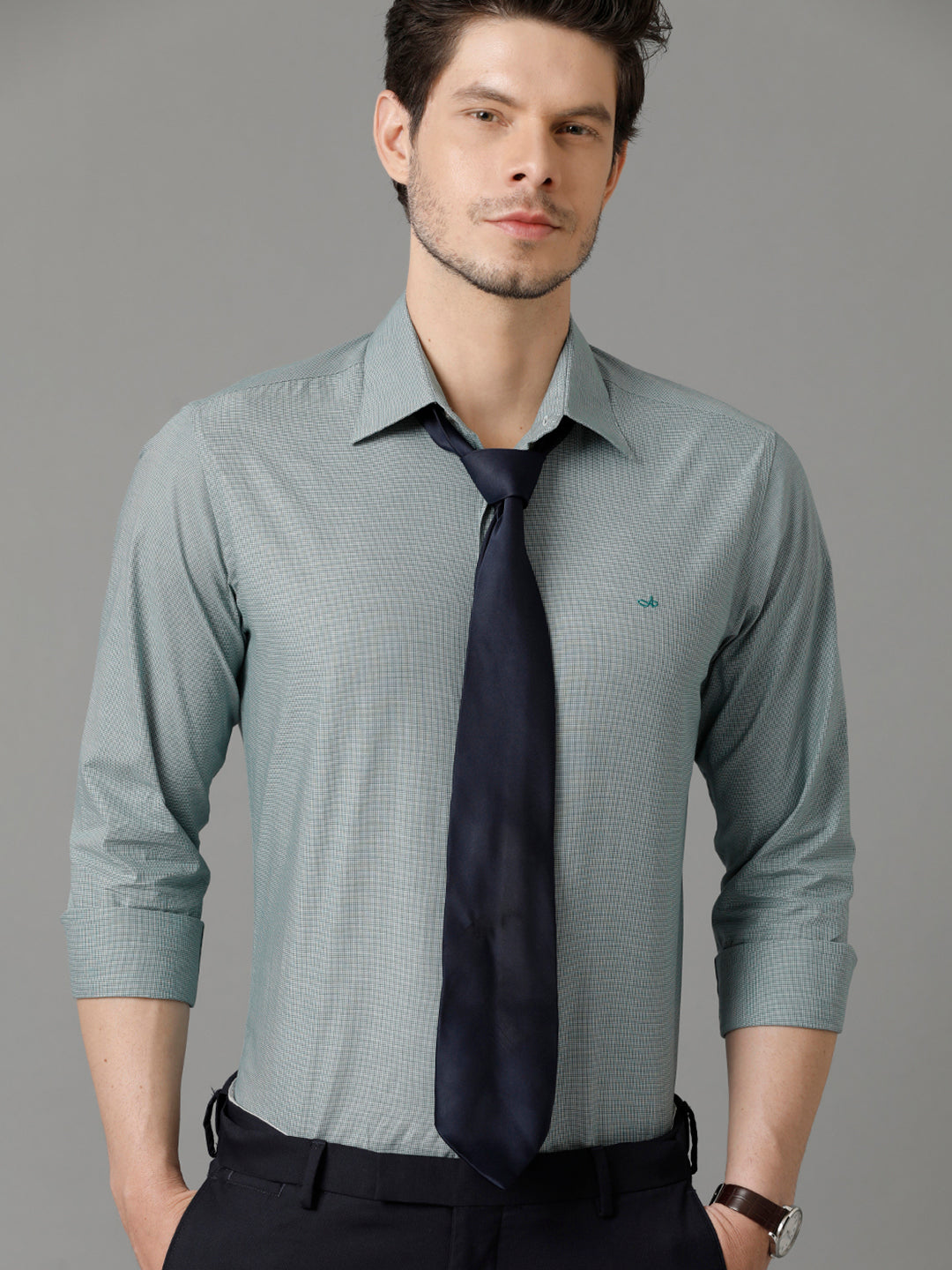 Aldeno Mens Slim Fit Micro Checks Green Formal Cotton Shirt (CRISTI)