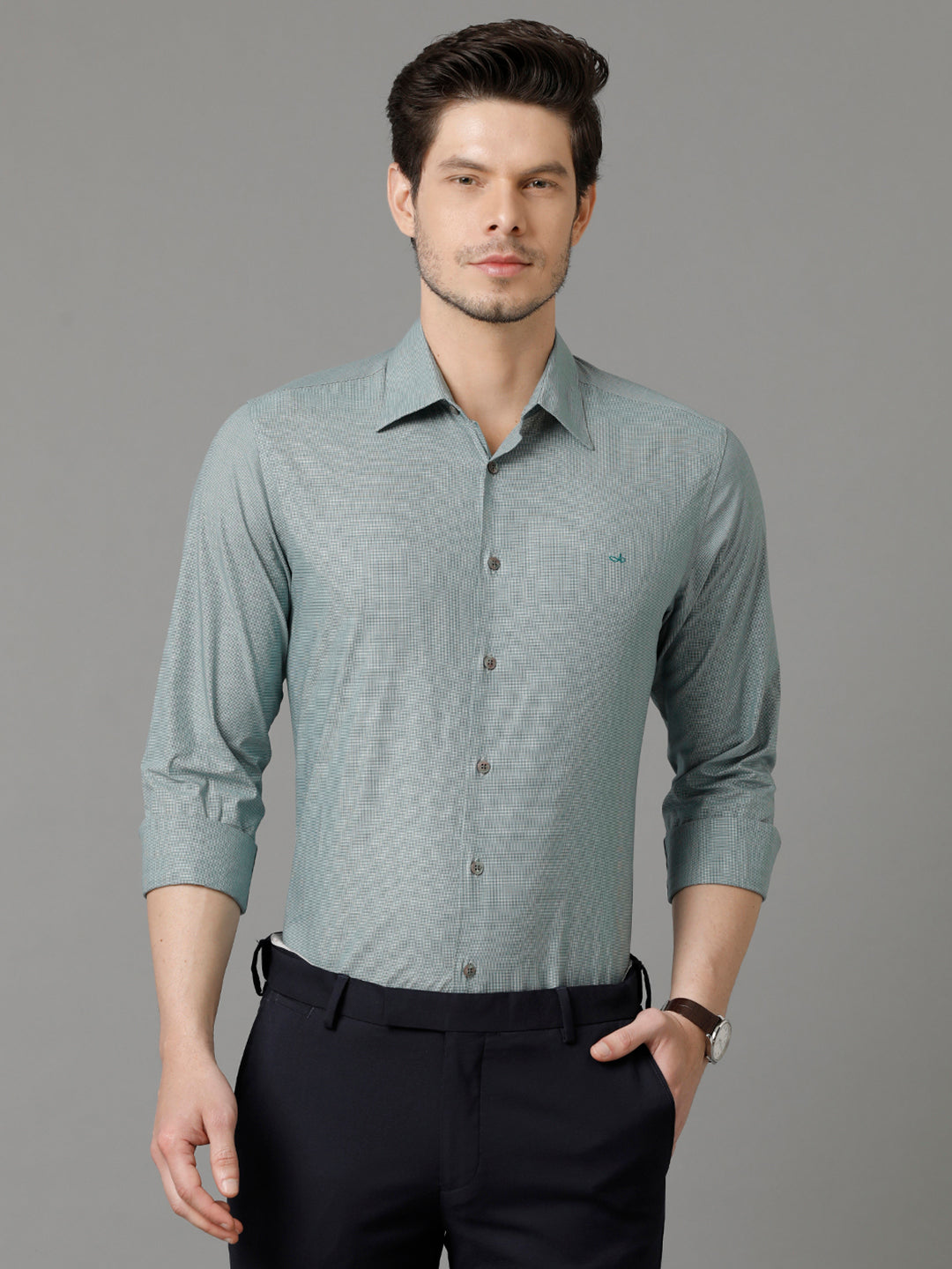 Aldeno Mens Slim Fit Micro Checks Green Formal Cotton Shirt (CRISTI)