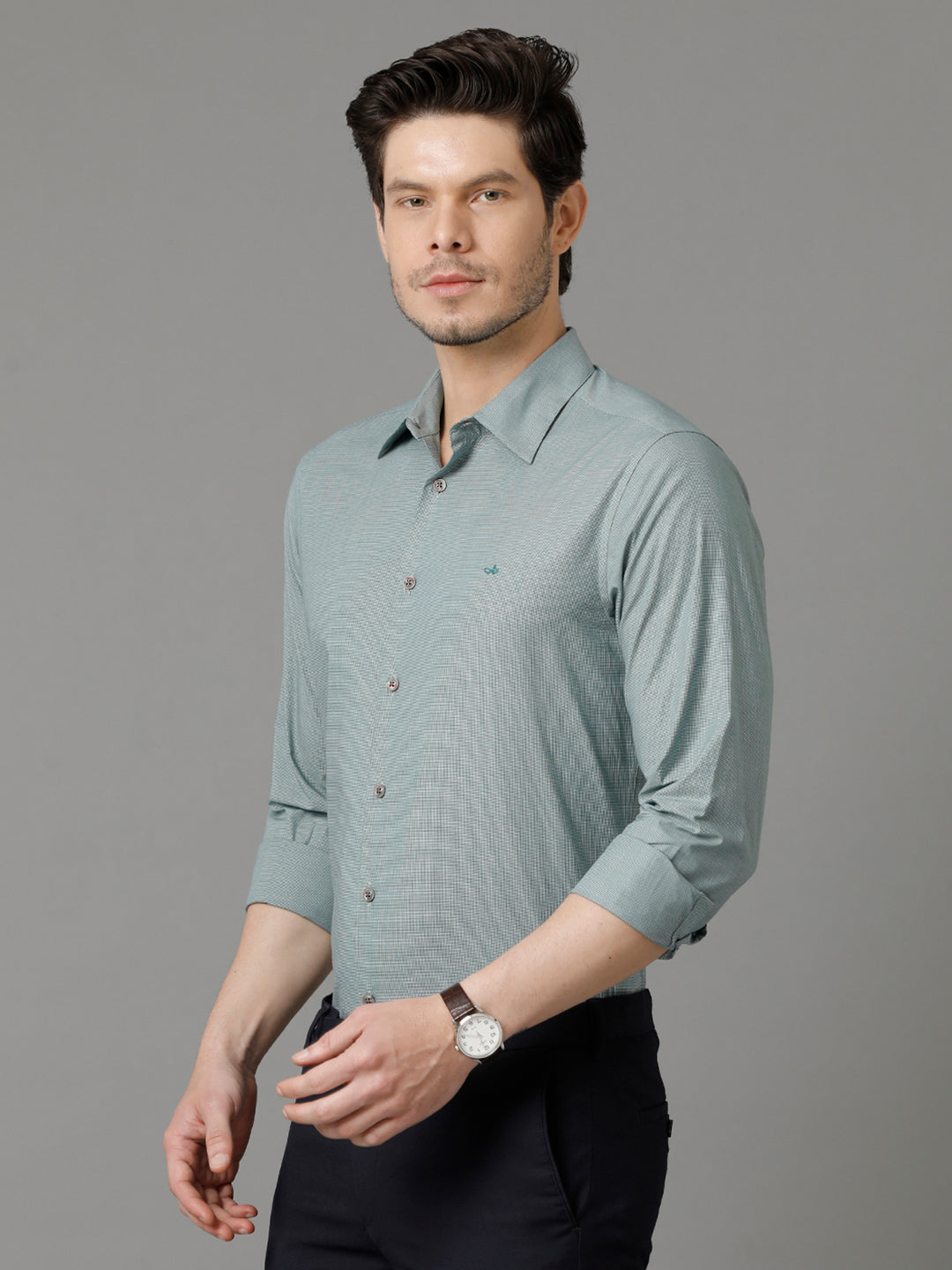 Aldeno Mens Slim Fit Micro Checks Green Formal Cotton Shirt (CRISTI)