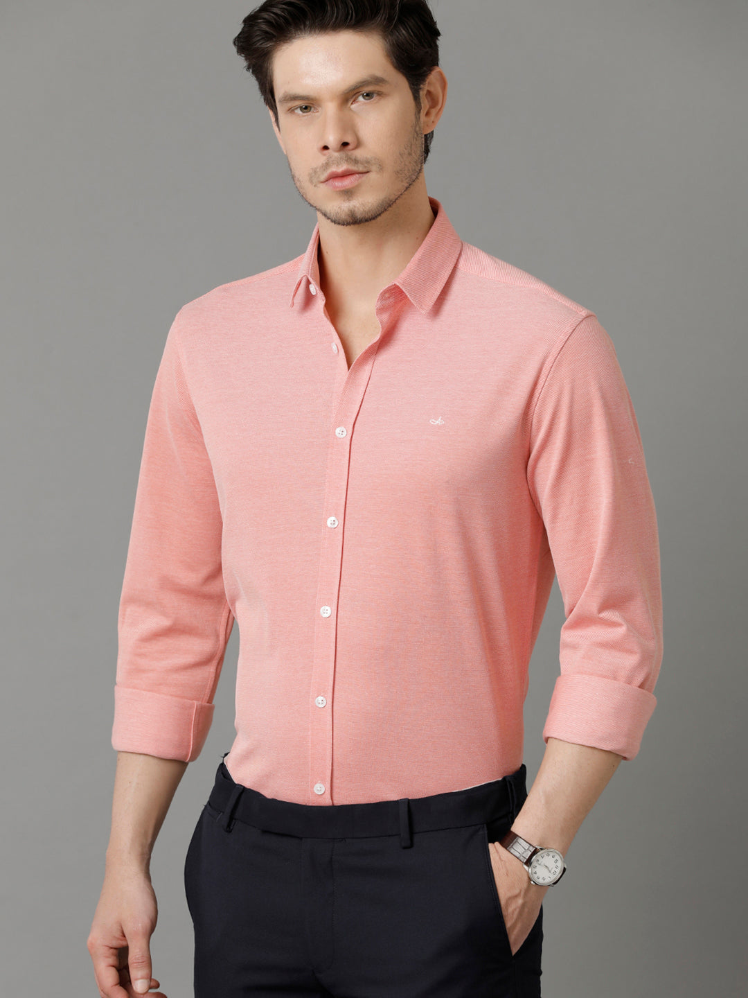Aldeno Mens Regular Fit Solid Orange Casual Knitted Cotton Shirt (CRONE)