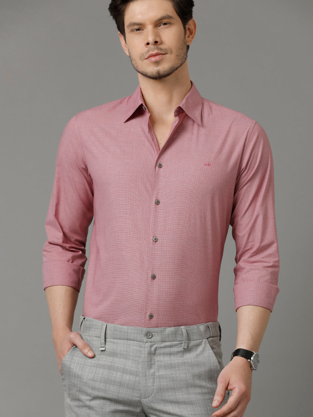 Aldeno Mens Slim Fit Micro Checks Coral Formal Cotton Shirt (CYRUS)