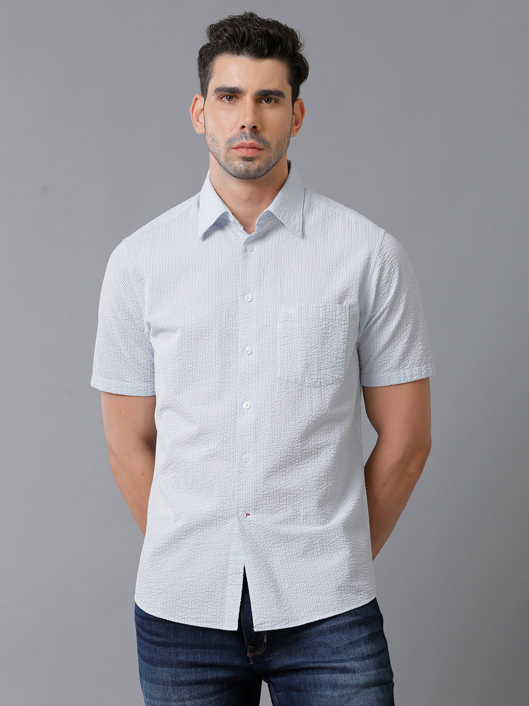 Aldeno Mens Regular Fit Check Blue/White Casual Cotton Seersucker Shirt (ERBUL)