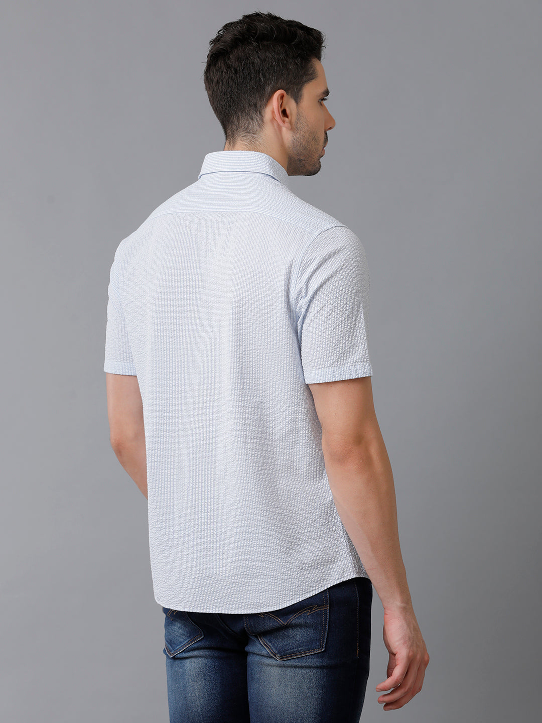 Aldeno Mens Regular Fit Check Blue/White Casual Cotton Seersucker Shirt (ERBUL)