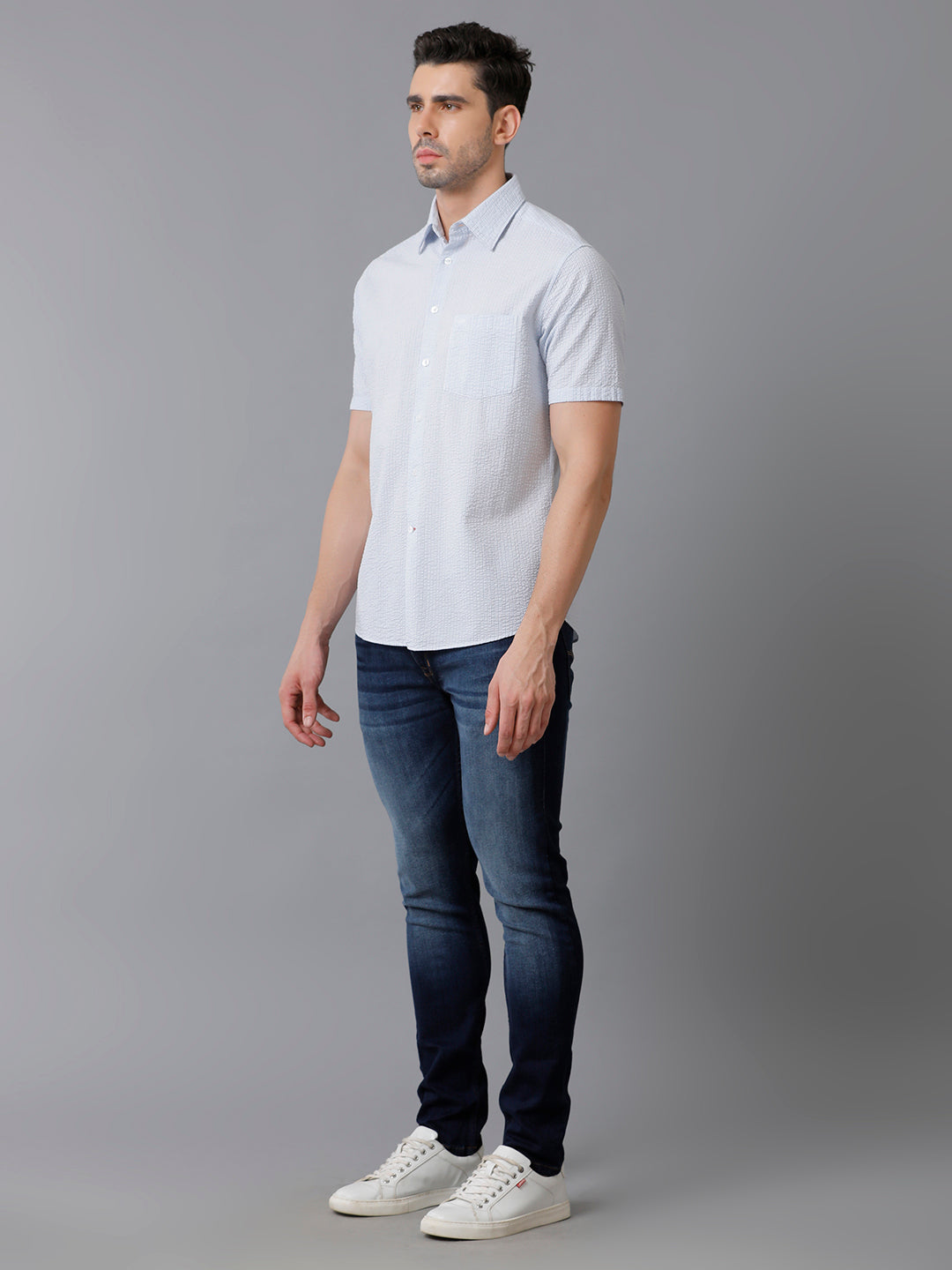 Aldeno Mens Regular Fit Check Blue/White Casual Cotton Seersucker Shirt (ERBUL)