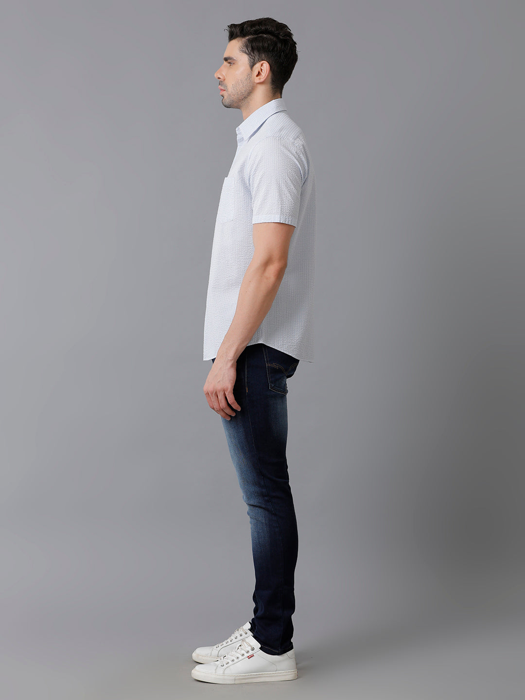 Aldeno Mens Regular Fit Check Blue/White Casual Cotton Seersucker Shirt (ERBUL)