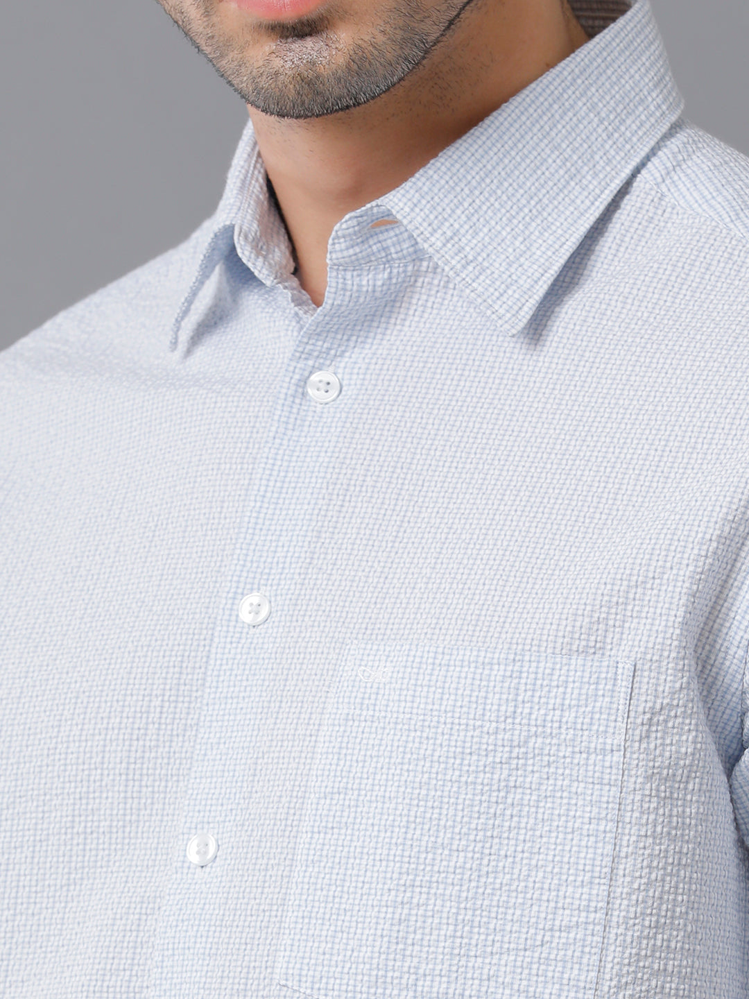Aldeno Mens Regular Fit Check Blue/White Casual Cotton Seersucker Shirt (ERBUL)