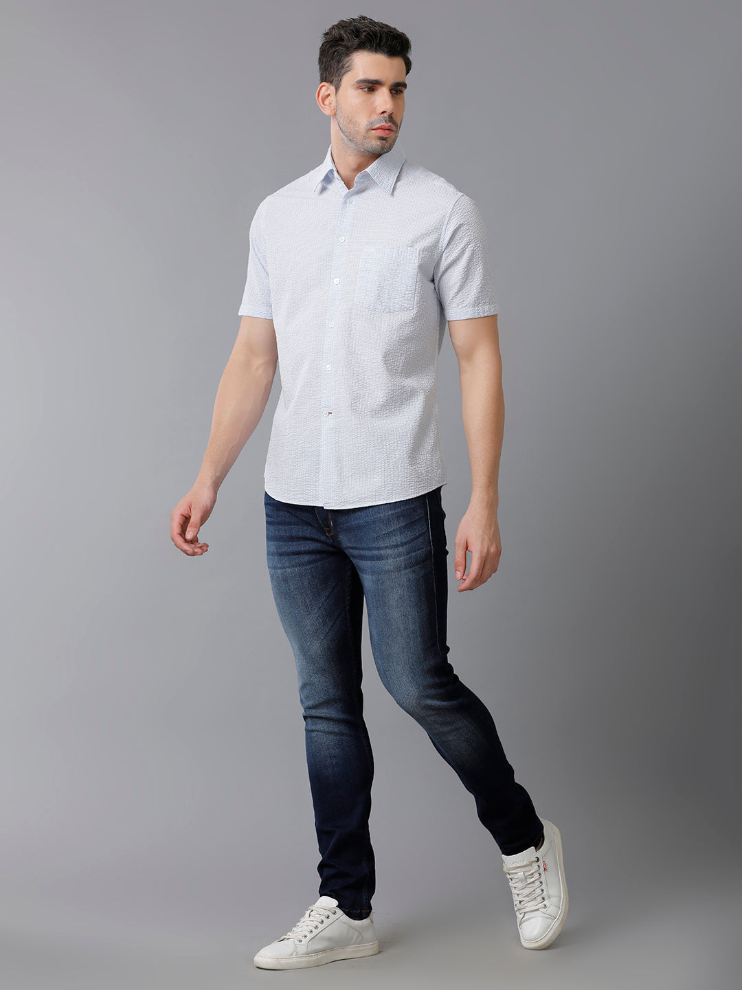 Aldeno Mens Regular Fit Check Blue/White Casual Cotton Seersucker Shirt (ERBUL)