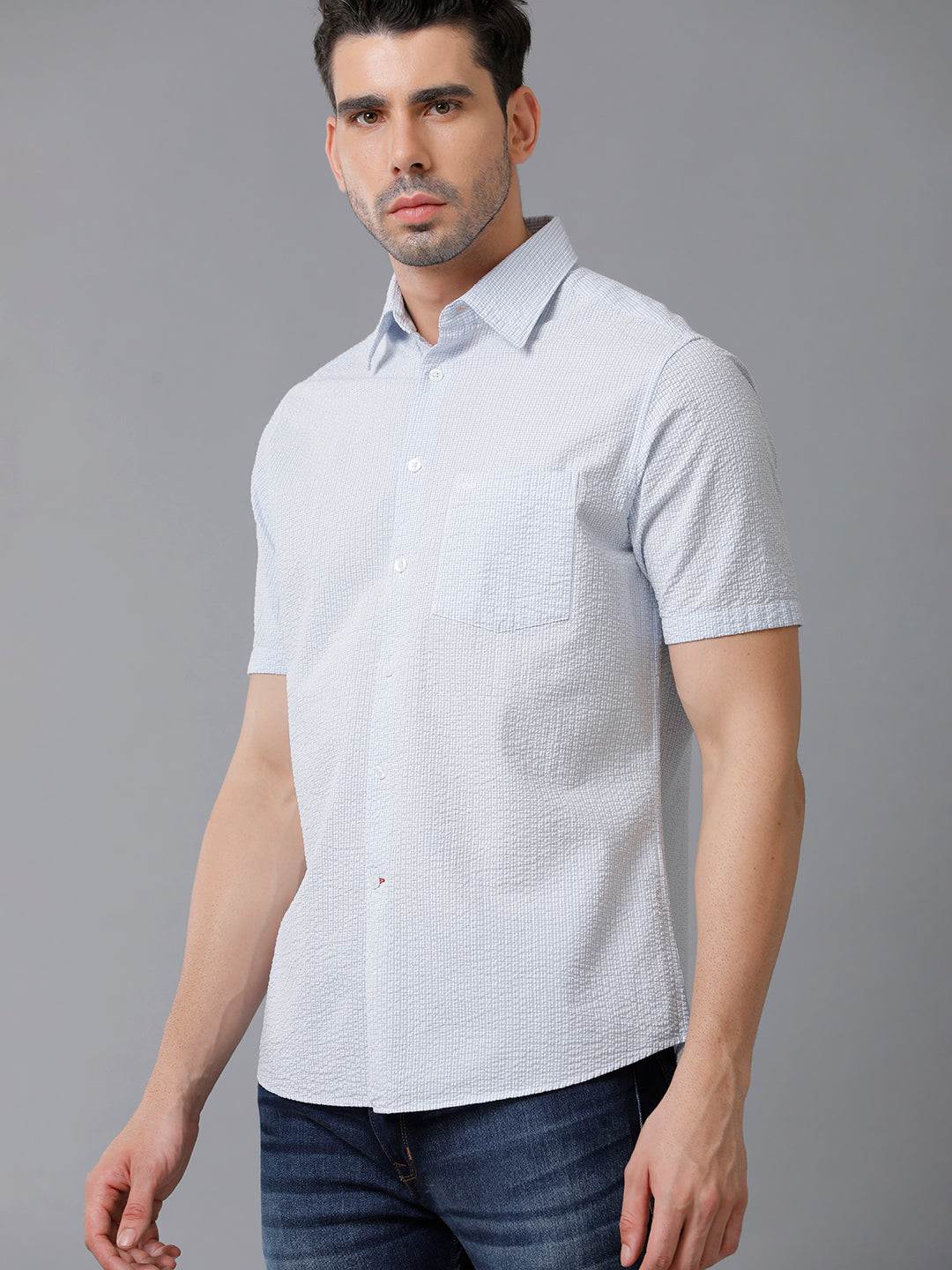 Aldeno Mens Regular Fit Check Blue/White Casual Cotton Seersucker Shirt (ERBUL)