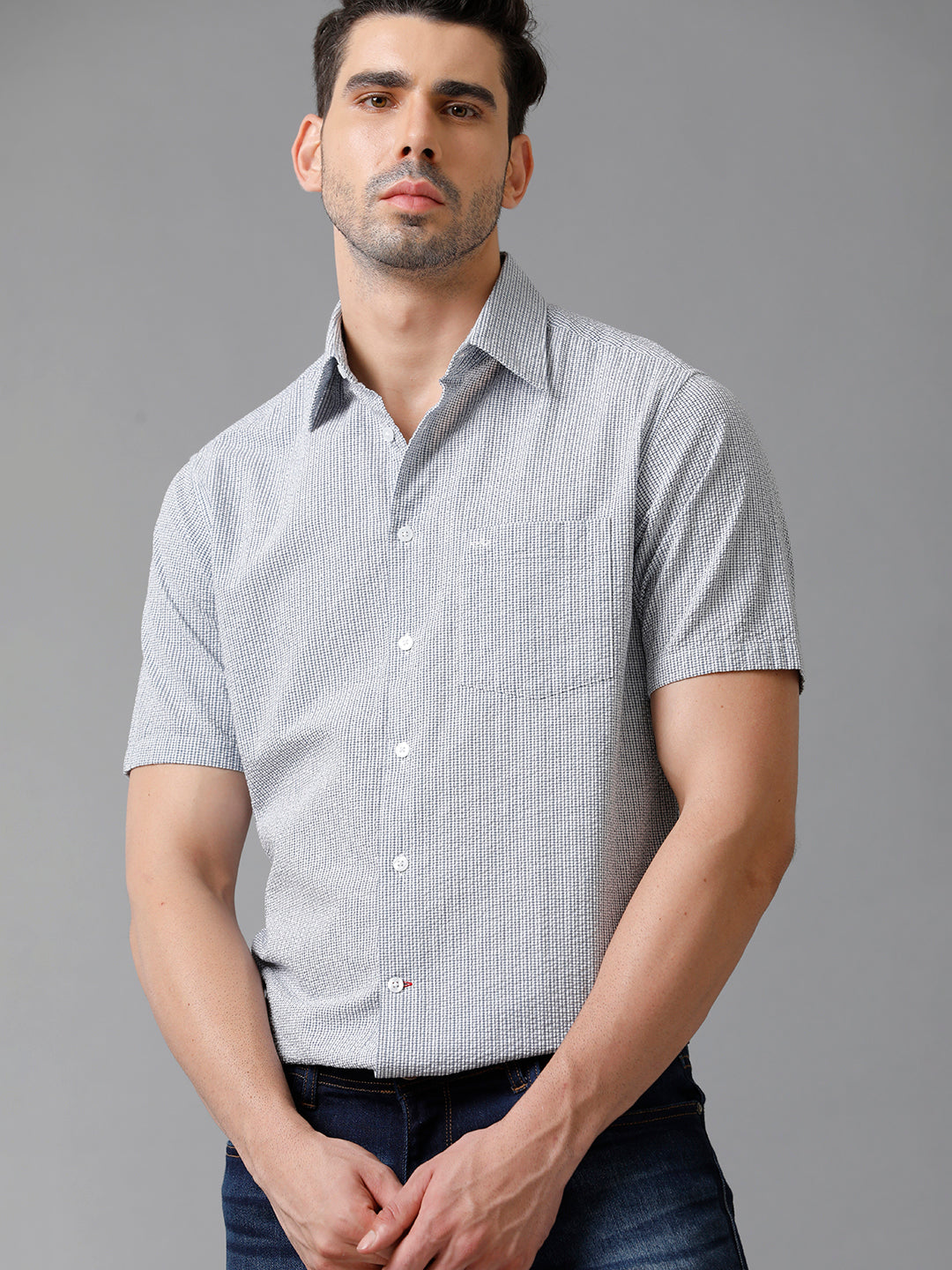 Aldeno Mens Regular Fit Check Navy/White Casual Cotton Seersucker Shirt (ERNAV)