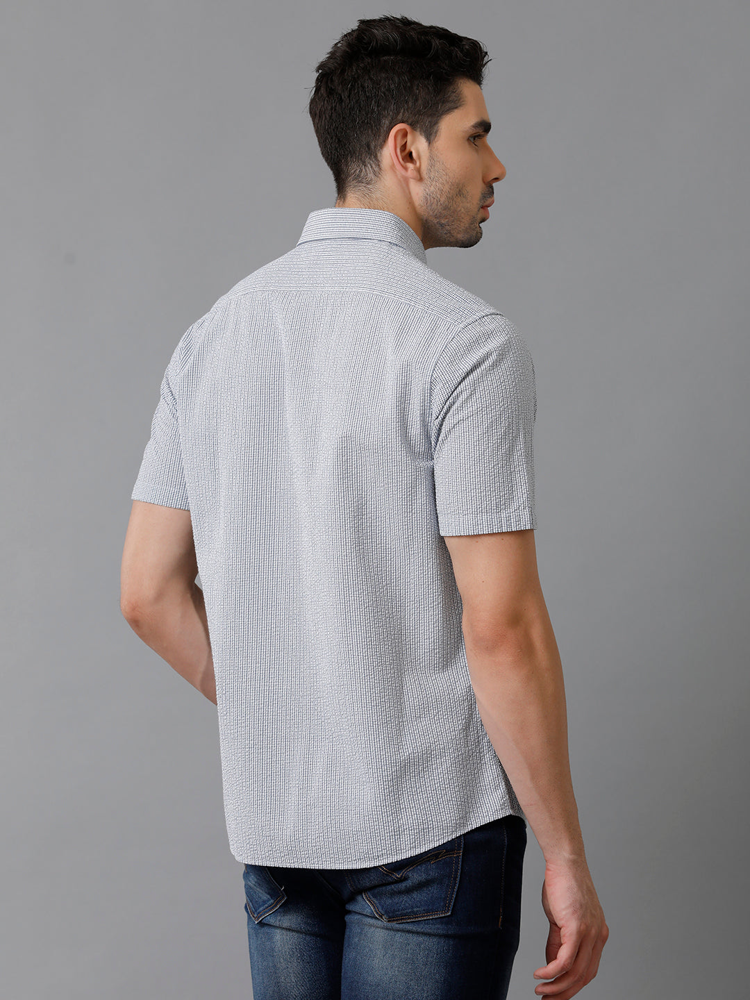 Aldeno Mens Regular Fit Check Navy/White Casual Cotton Seersucker Shirt (ERNAV)