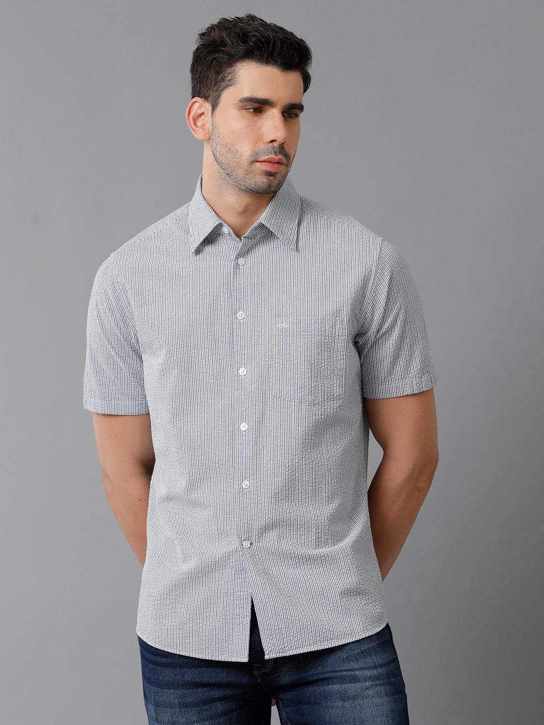 Aldeno Mens Regular Fit Check Navy/White Casual Cotton Seersucker Shirt (ERNAV)