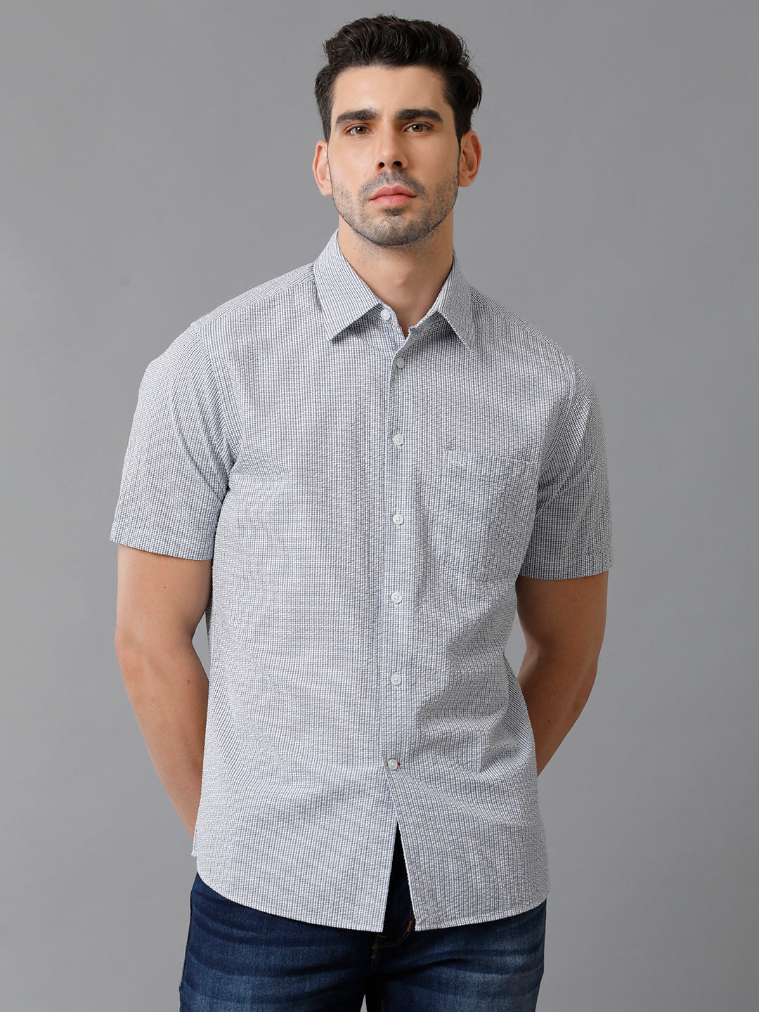 Aldeno Mens Regular Fit Check Navy/White Casual Cotton Seersucker Shirt (ERNAV)