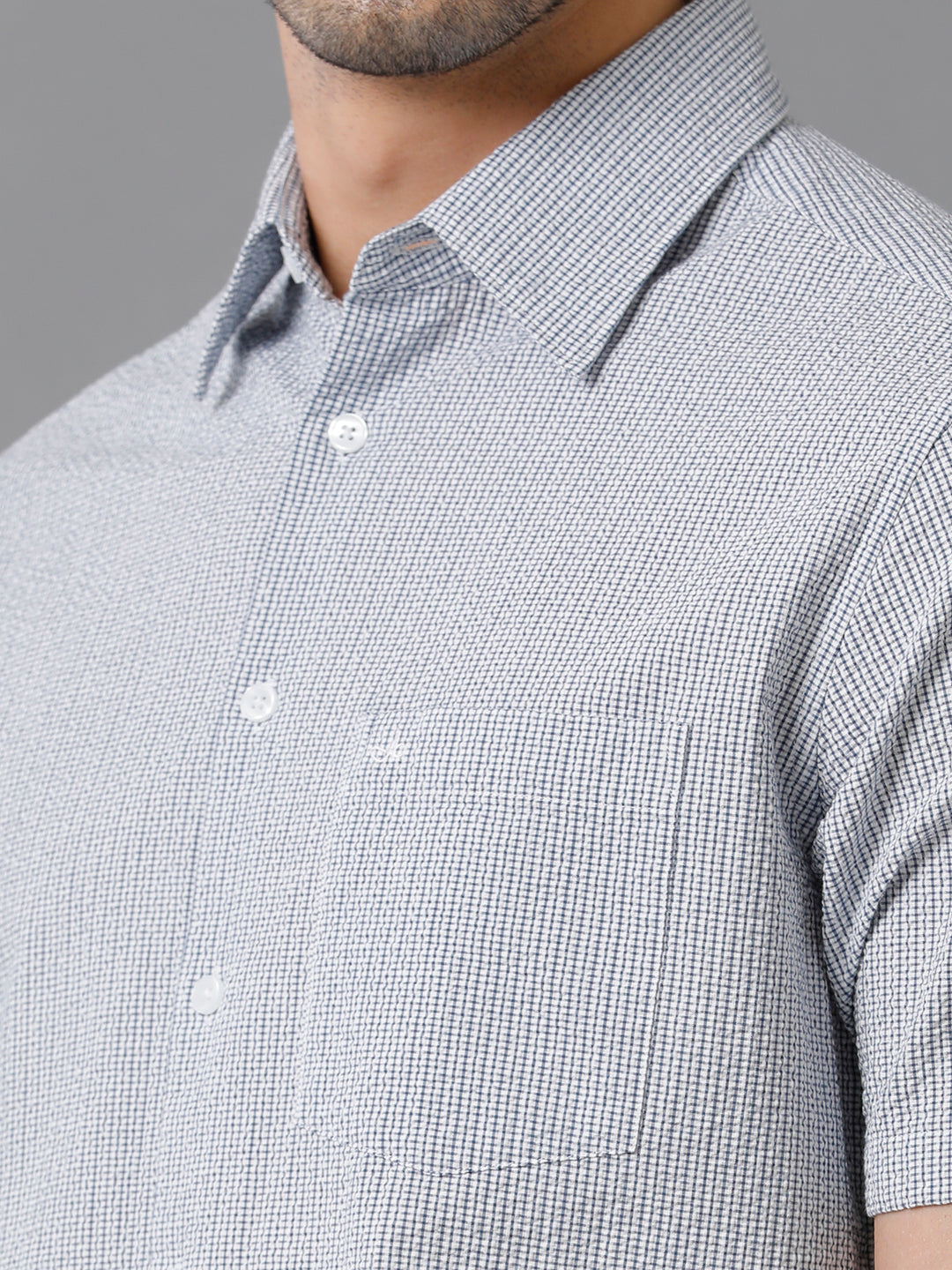 Aldeno Mens Regular Fit Check Navy/White Casual Cotton Seersucker Shirt (ERNAV)