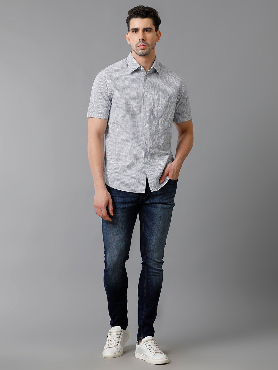 Aldeno Mens Regular Fit Check Navy/White Casual Cotton Seersucker Shirt (ERNAV)