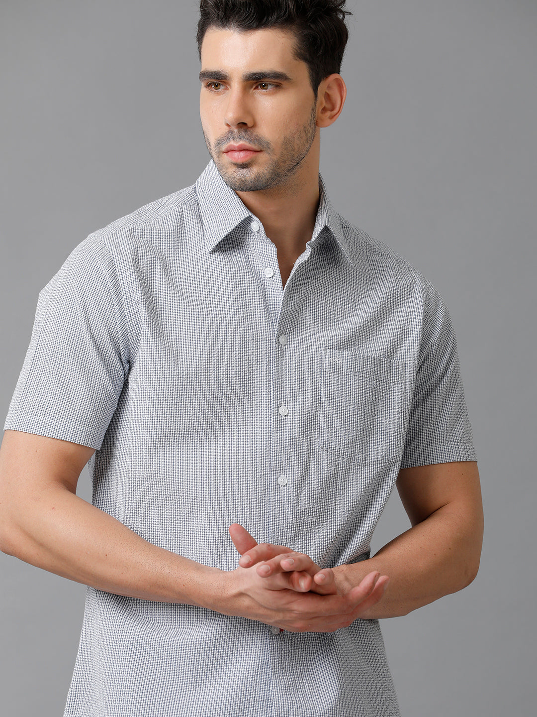 Aldeno Mens Regular Fit Check Navy/White Casual Cotton Seersucker Shirt (ERNAV)