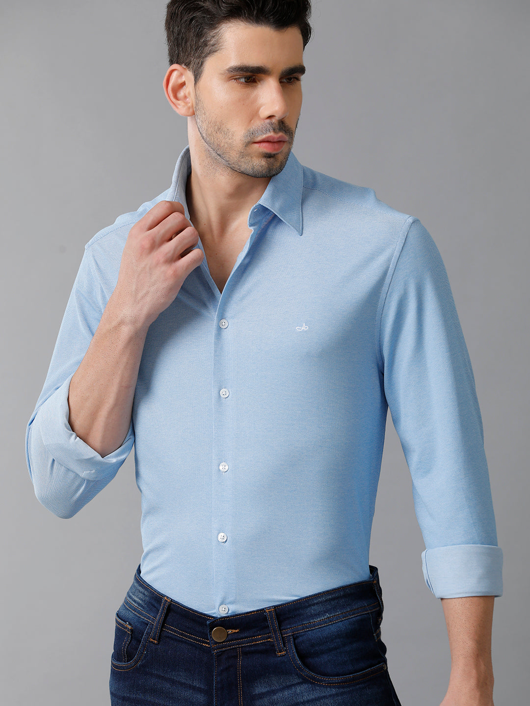 Aldeno Mens Regular Fit Solid Blue Casual Knitted Cotton Blend Shirt (KABUL)