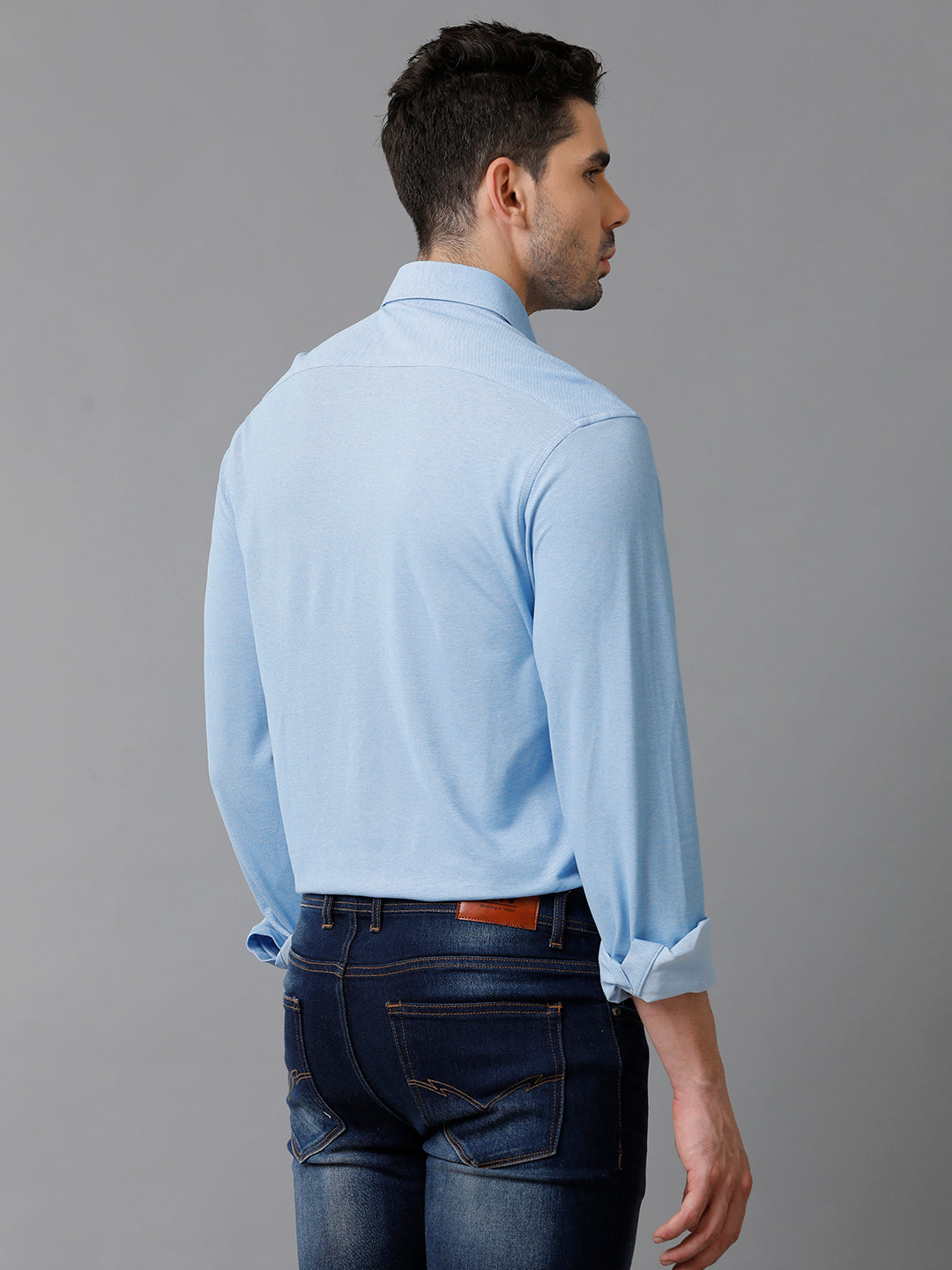 Aldeno Mens Regular Fit Solid Blue Casual Knitted Cotton Blend Shirt (KABUL)