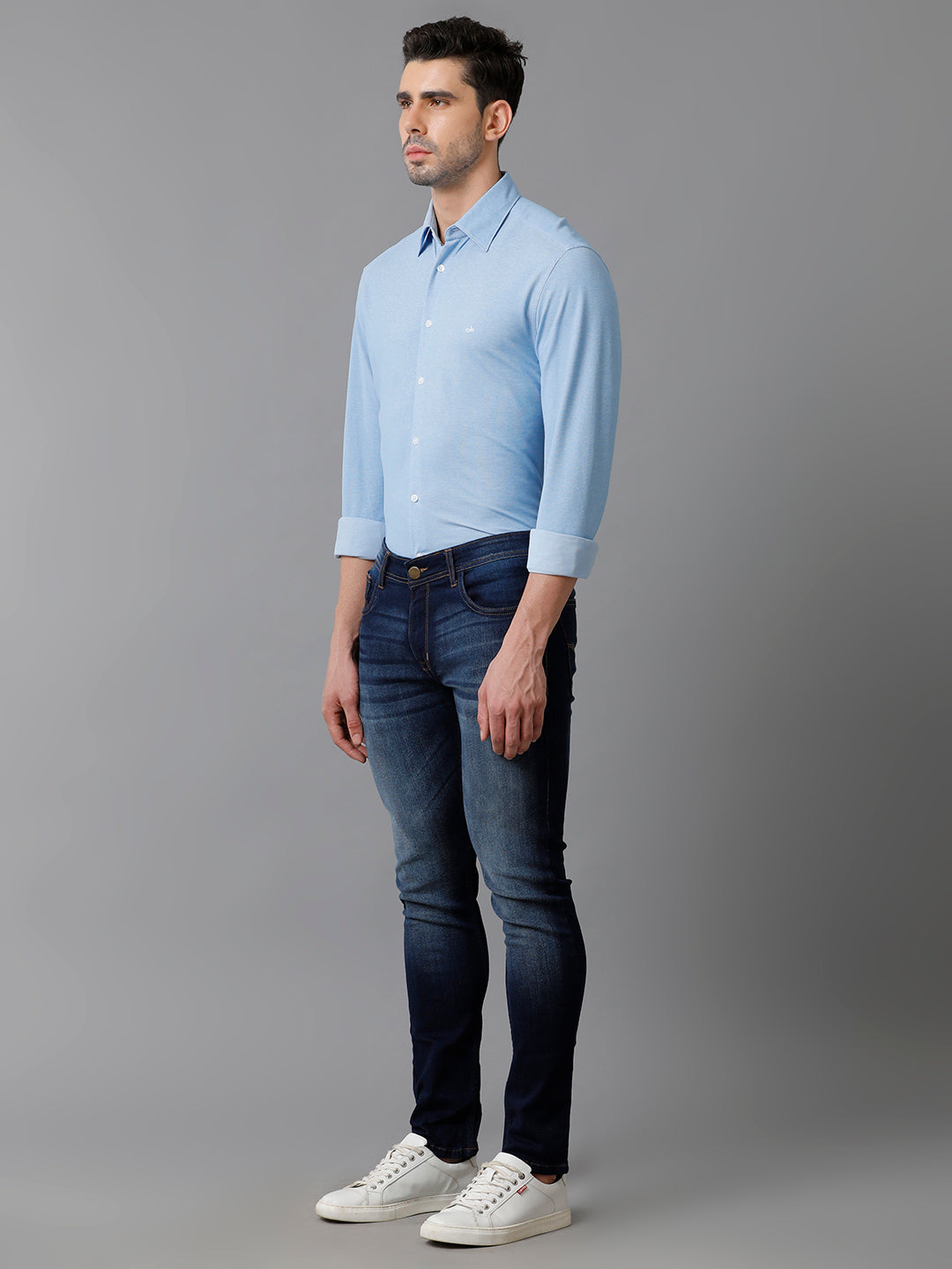 Aldeno Mens Regular Fit Solid Blue Casual Knitted Cotton Blend Shirt (KABUL)