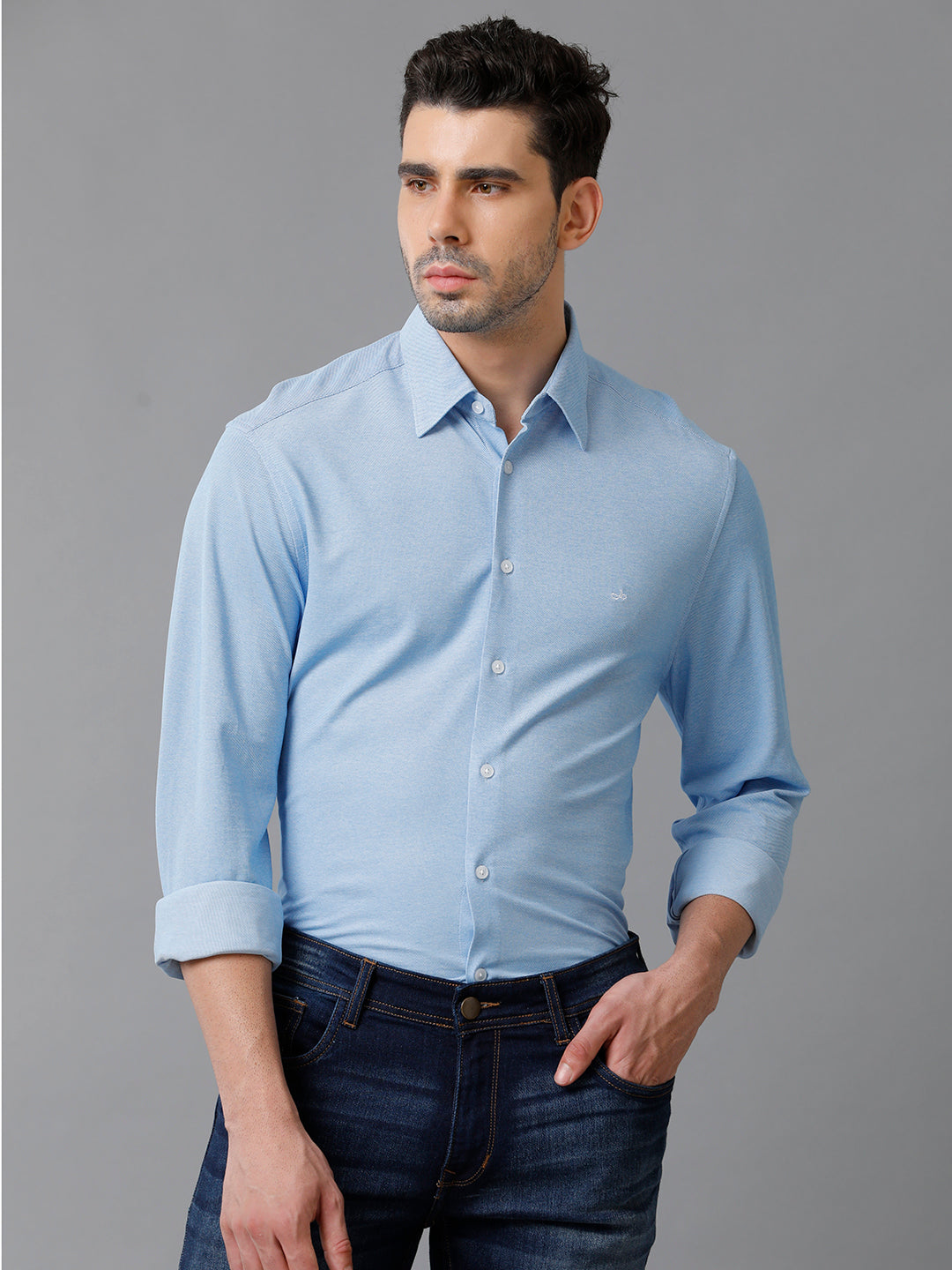 Aldeno Mens Regular Fit Solid Blue Casual Knitted Cotton Blend Shirt (KABUL)