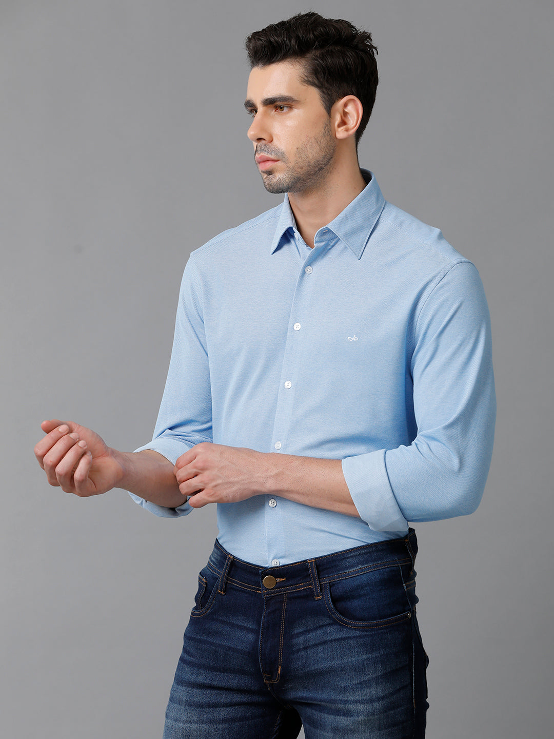 Aldeno Mens Regular Fit Solid Blue Casual Knitted Cotton Blend Shirt (KABUL)