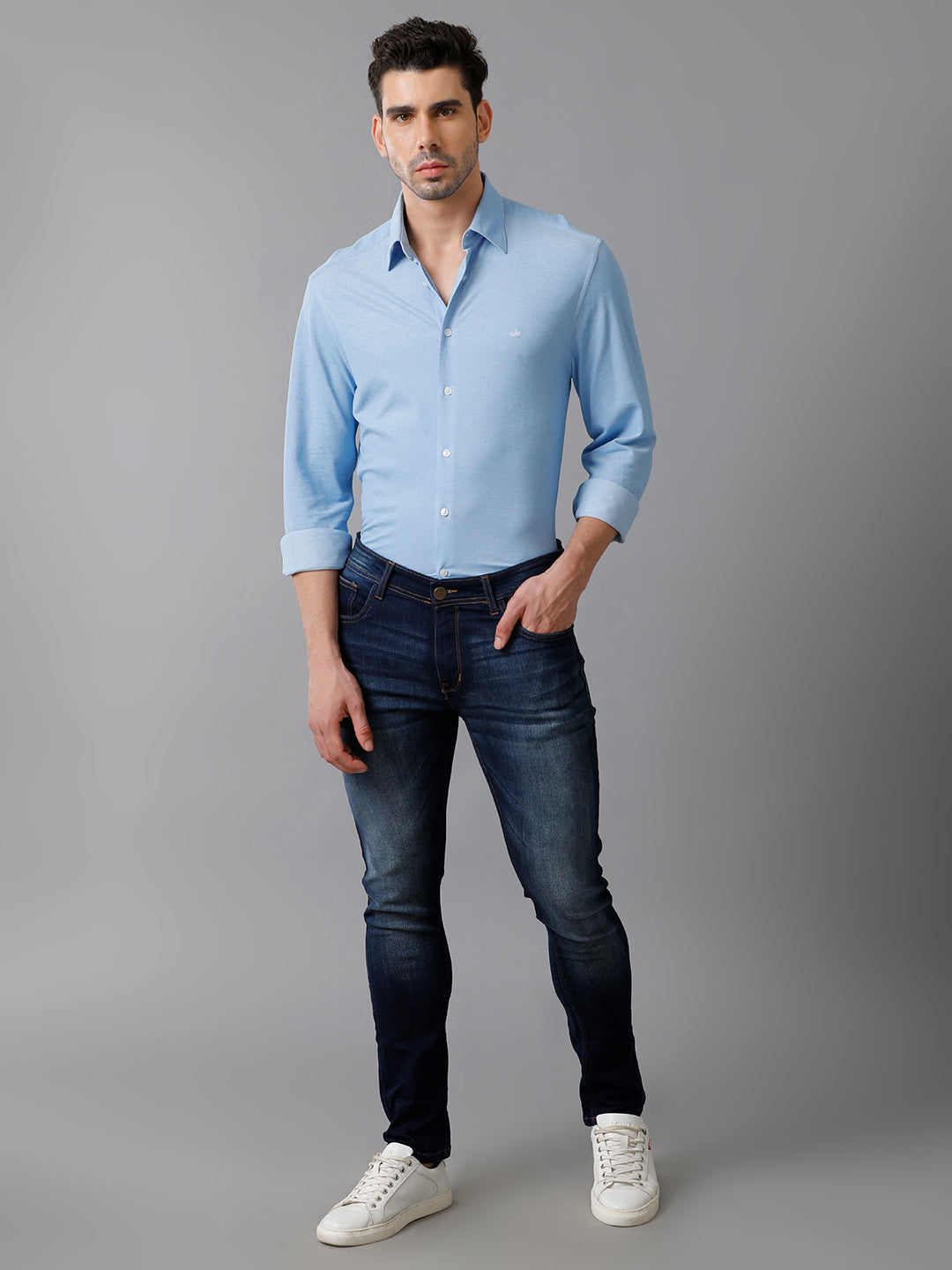 Aldeno Mens Regular Fit Solid Blue Casual Knitted Cotton Blend Shirt (KABUL)