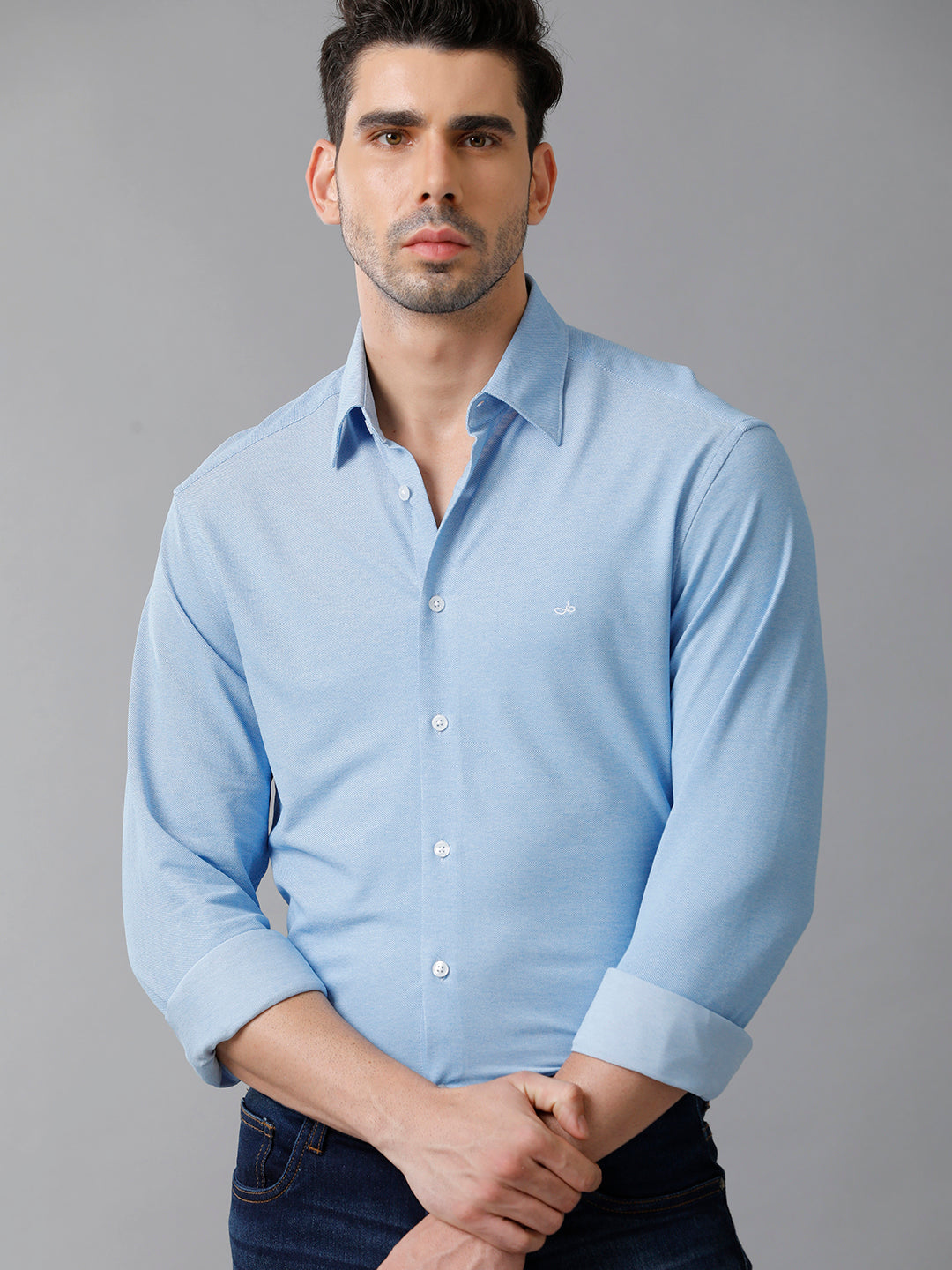 Aldeno Mens Regular Fit Solid Blue Casual Knitted Cotton Blend Shirt (KABUL)