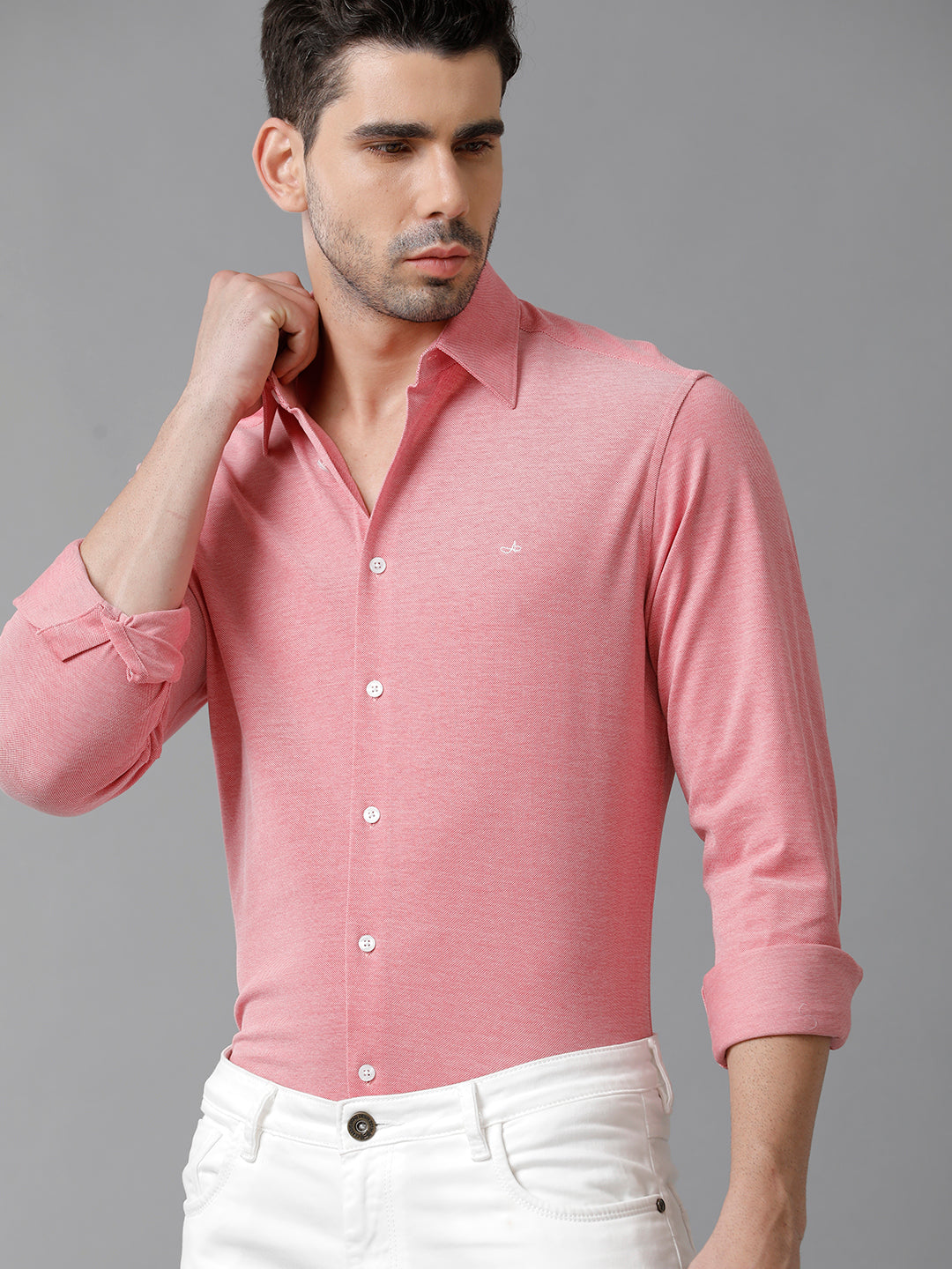 Aldeno Mens Regular Fit Solid Pink Casual Knitted Cotton Shirt (KAPIN)