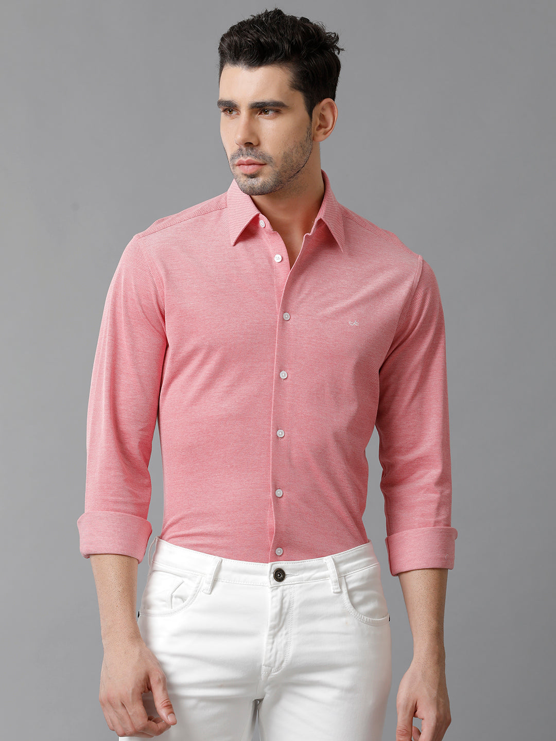 Aldeno Mens Regular Fit Solid Pink Casual Knitted Cotton Shirt (KAPIN)