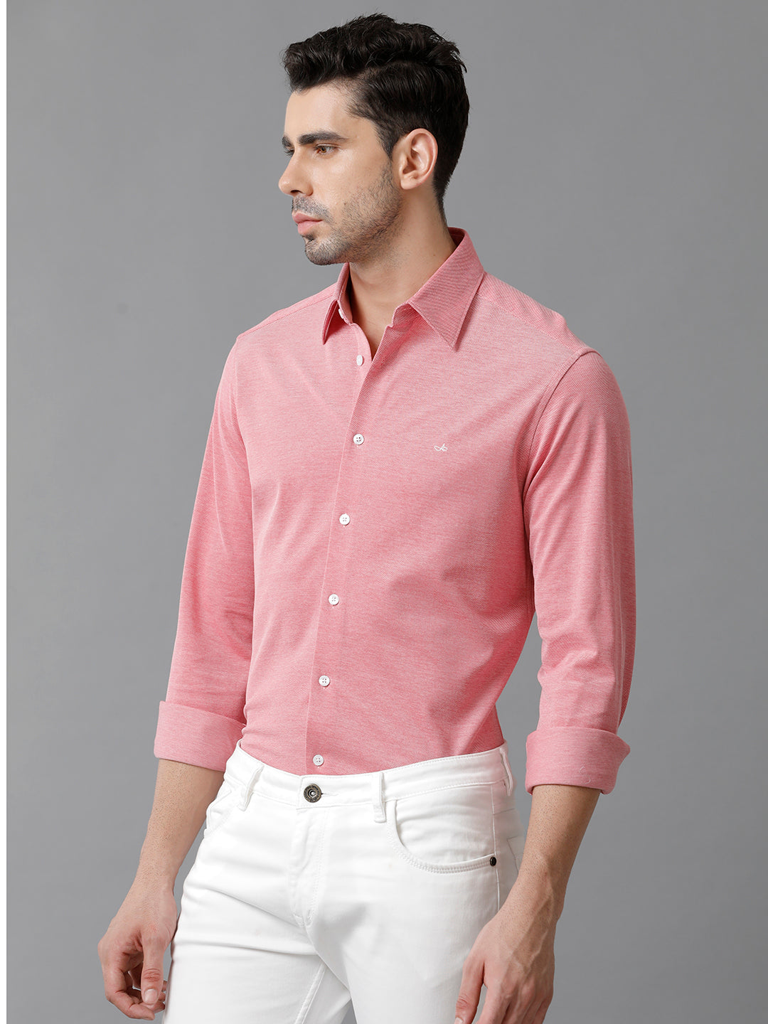 Aldeno Mens Regular Fit Solid Pink Casual Knitted Cotton Shirt (KAPIN)