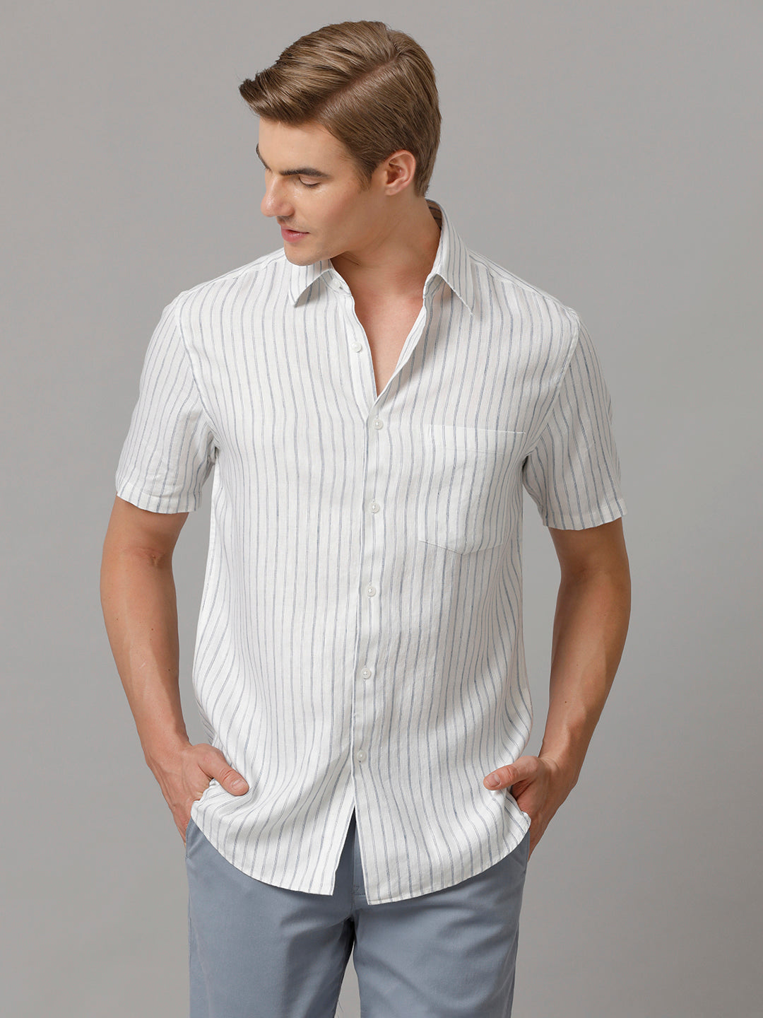Aldeno Men Stripes Casual White Shirt (LAINE)