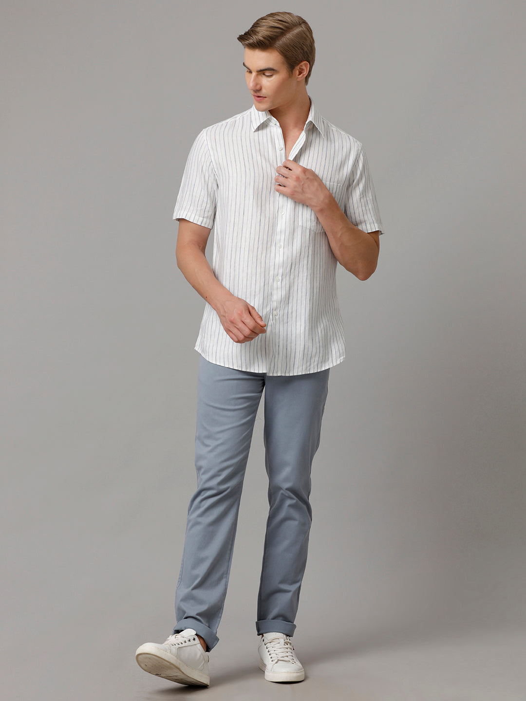 Aldeno Men Stripes Casual White Shirt (LAINE)