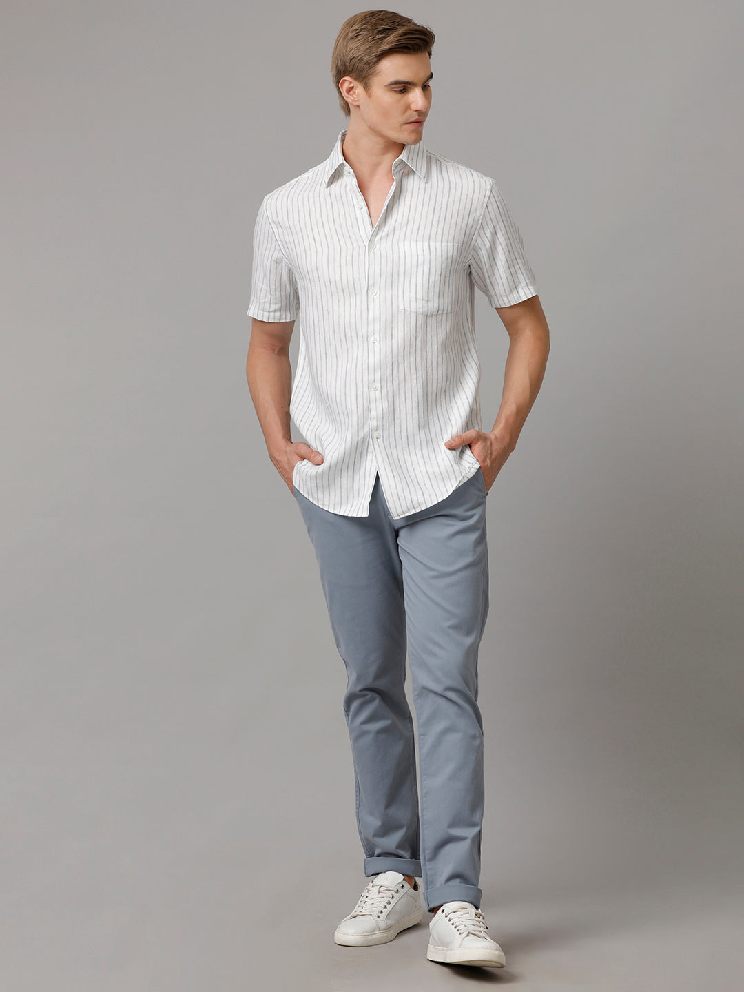 Aldeno Men Stripes Casual White Shirt (LAINE)