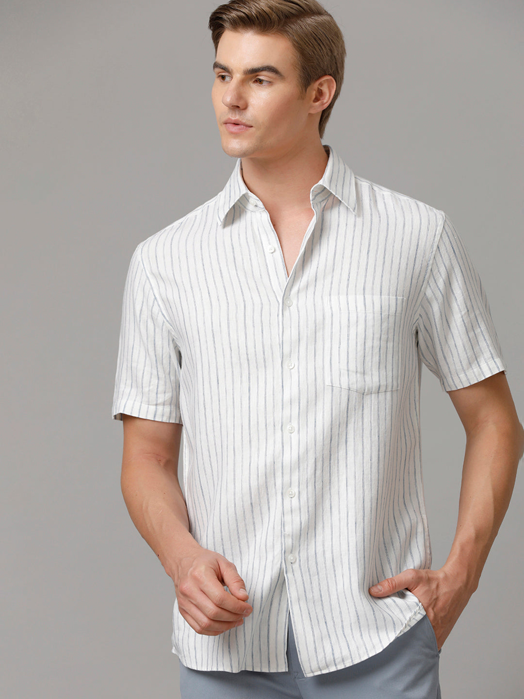 Aldeno Men Stripes Casual White Shirt (LAINE)